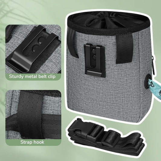Upgraded Large-Sized Dog Treat Pouch with Waist Clip - Fashionable Green&Grey Design - Large Capacity Treat Bag for Dog Walks,Outdoor Activities, Travel and Training - Includes 1 Poop Bags - PuriLite