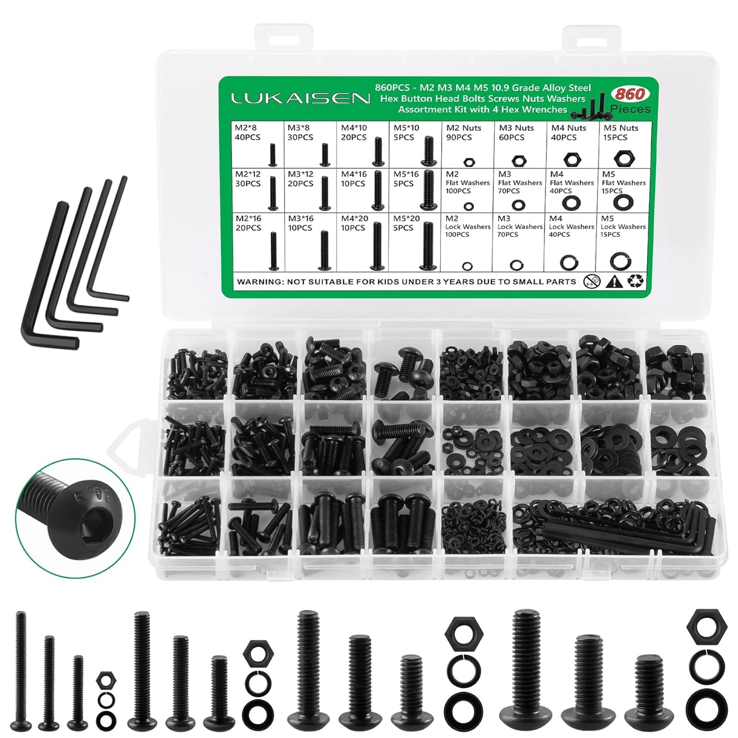 860PCS Metric Screw Assortment Kit, M2 M3 M4 M5 Machine Screws with Lock & Flat Washers, 10.9 Grade Alloy Steel, Metric Hex Button Head Cap Nuts and Bolts Assortment Kit with 4 Wrenches