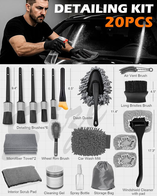 20Pcs Windshield Cleaner Tool - Car Interior Detailing Brush Kit with 200g Cleaning Gel, Microfiber Car Wash Mitt, Dash Duster & 2-Sided Scrubber, All-in-One Inside Car Cleaning Supplies Tool