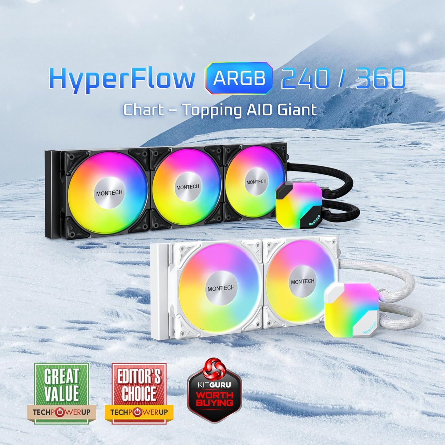 MONTECH HyperFlow ARGB 360 - AIO CPU Liquid Cooler, Intel&AMD Compatible, Chart-Topping Performance, Enhanced 3100RPM Water Pump Design, 3X Metal Pro 12 ARGB Ultimate Cooling Fans - Black