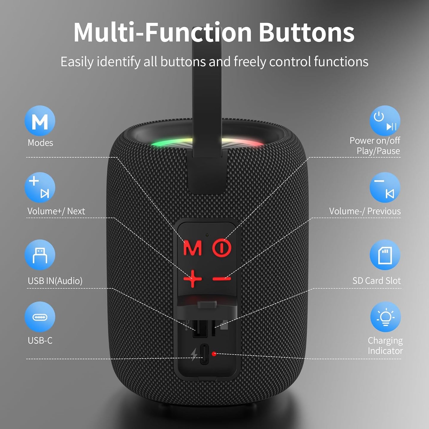 Oraolo Bluetooth Speaker, Portable Bluetooth Speakers with Immersive Audio, LED Lights, 8H Playtime, Bluetooth 5.4, Support TWS TF USB, IPX6 Waterproof Wireless Speakers for Outdoor Camping Home