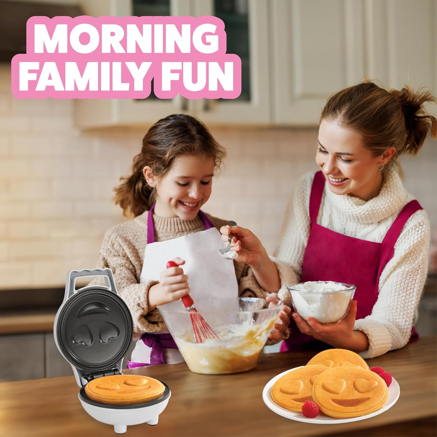 Heart Eyes Emoji Mini Waffle Maker- Make Breakfast Special w Cute Personal-Sized 4" Smiley Face Pancakes- Electric NonStick Baker Iron
