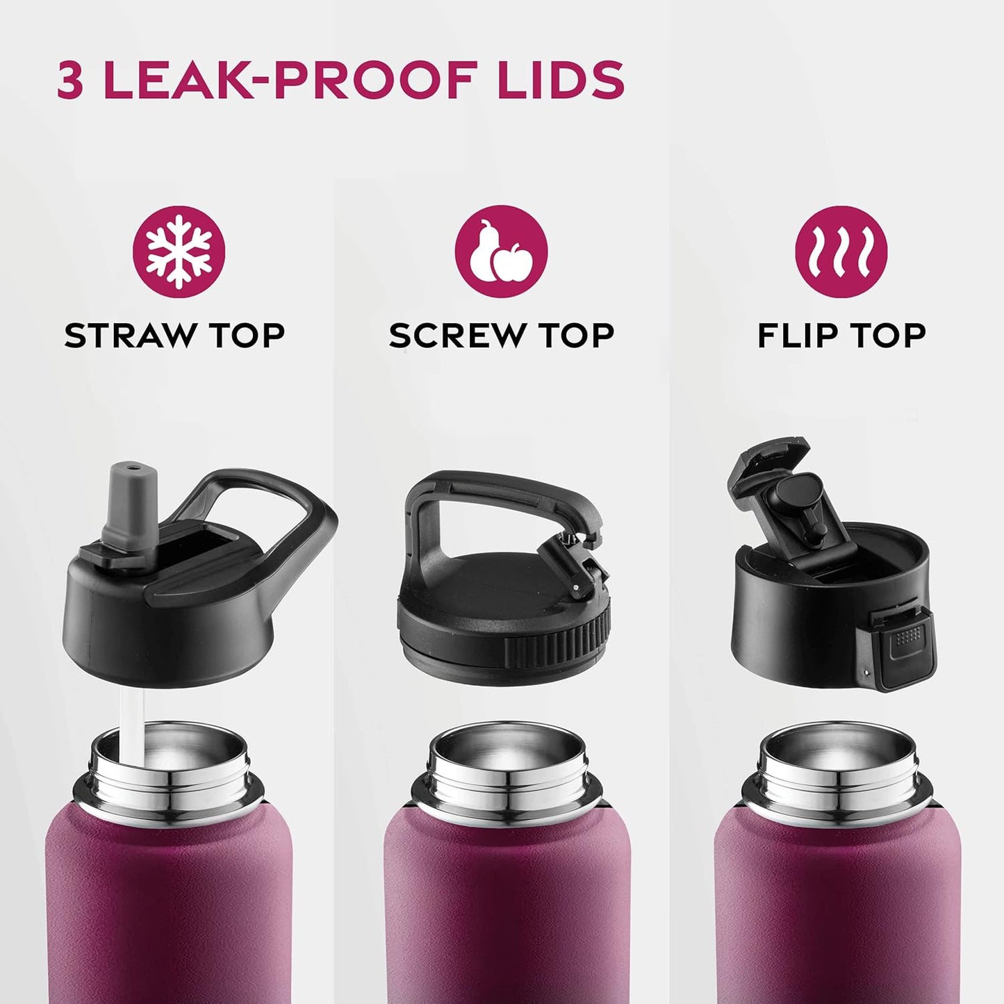 FineDine Water Bottle - Stainless Steel Insulated Water Bottle with Straw Lid, Flip Lid & Wide-Mouth Cap - Keeps Hot and Cold - 25 Oz / 739ml - Pure Pearly White