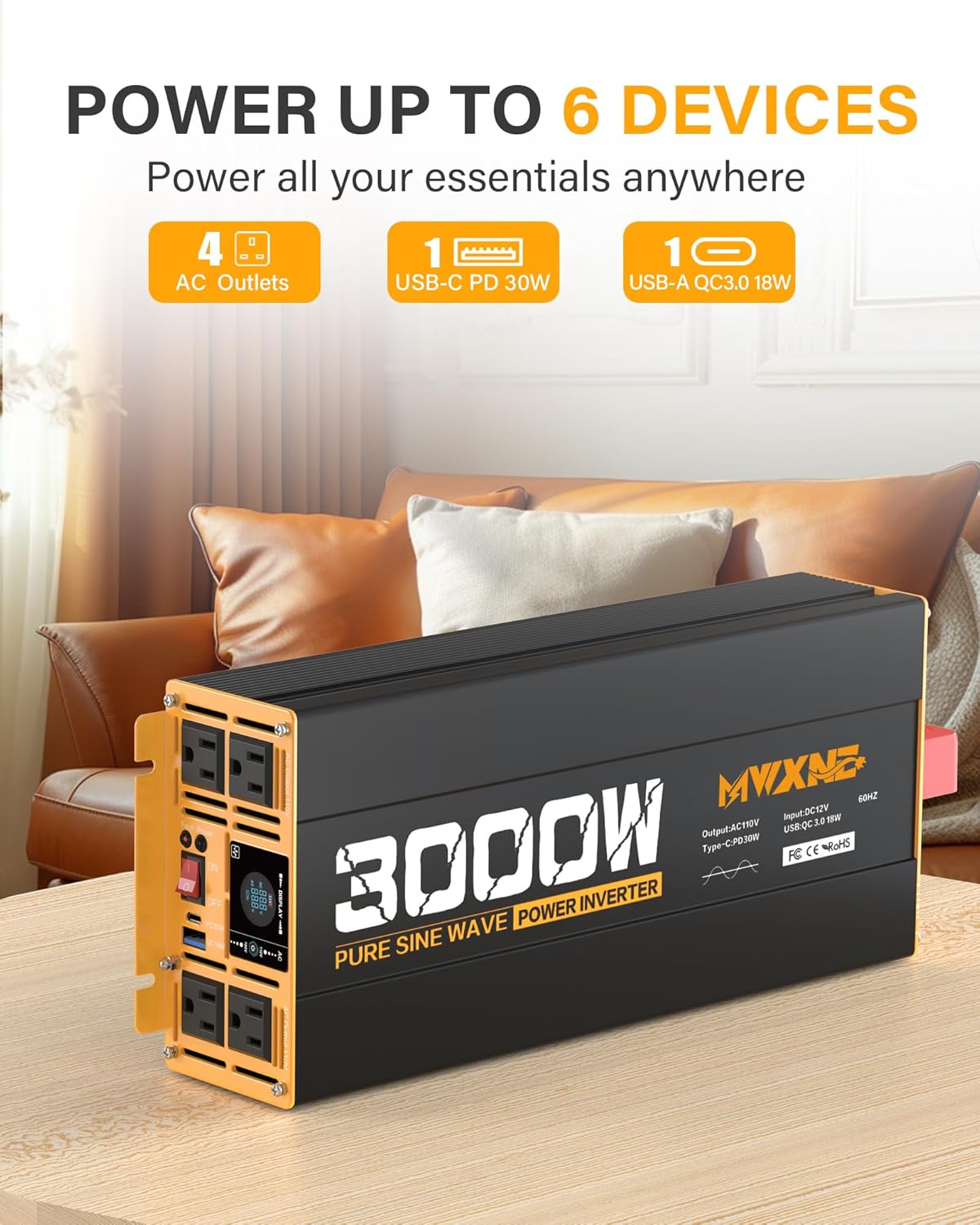 MWXNE 2000W Pure Sine Wave Inverter 12V DC to 110V 120V AC Car Converter for RV Truck Off-Grid Solar Power Inverter with 4 AC Outlets, USB/Type-C Fast Charging Ports, LCD Display, Remote Control