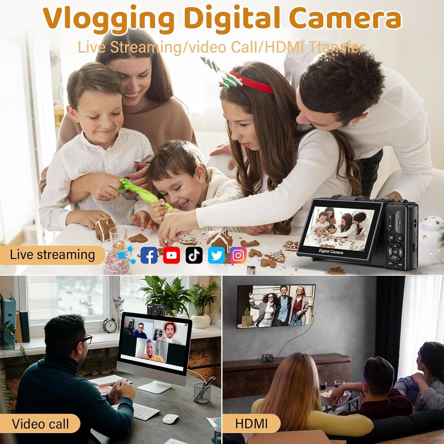 5K Digital Camera for Photography - WiFi 75MP UHD Vlogging Camera for YouTube - Autofocus Video Cameras with 3" 180° Flip Screen - Compact Vlog Travel Camara with 18X Zoom, 32GB SD Card, 2 Batteries
