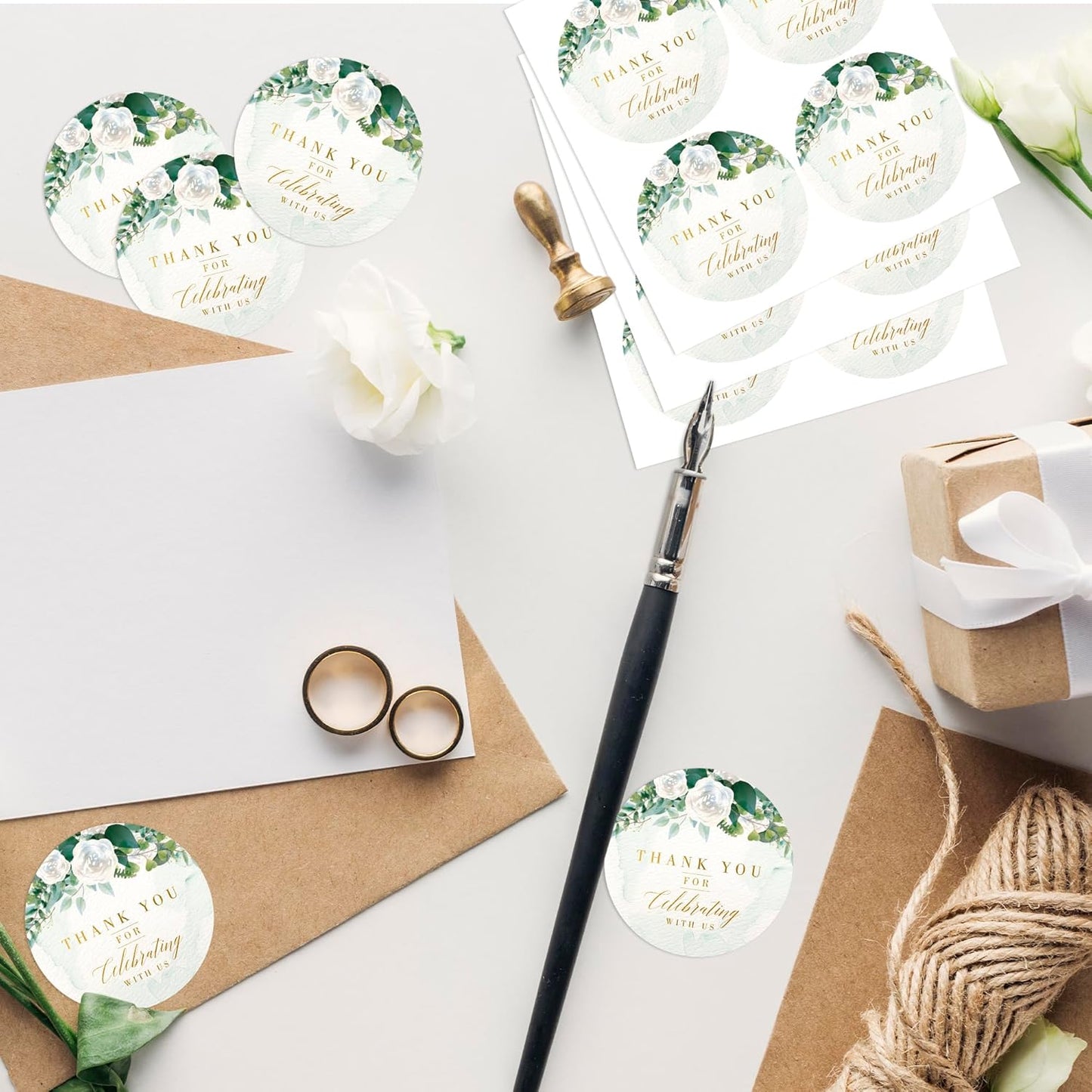 Mobiusea Creation White Floral Thank You for Celebrating with us Stickers | 2 inch | Gold Foil | 60pcs Waterproof Thank You Stickers Wedding Labels for Wedding, Bridal Shower, Baby Shower