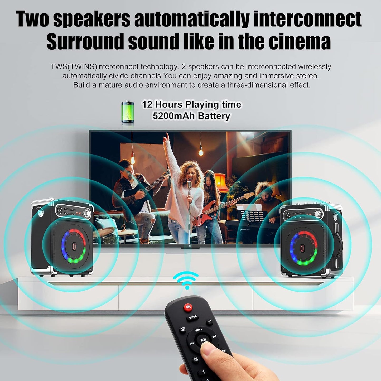 JYX Karaoke Machine with Two Wireless Microphones, Portable Bluetooth Speaker with Bass/Treble Adjustment, Remote Control and LED Lights, Supports TF Card/USB, AUX in, FM, REC for Party