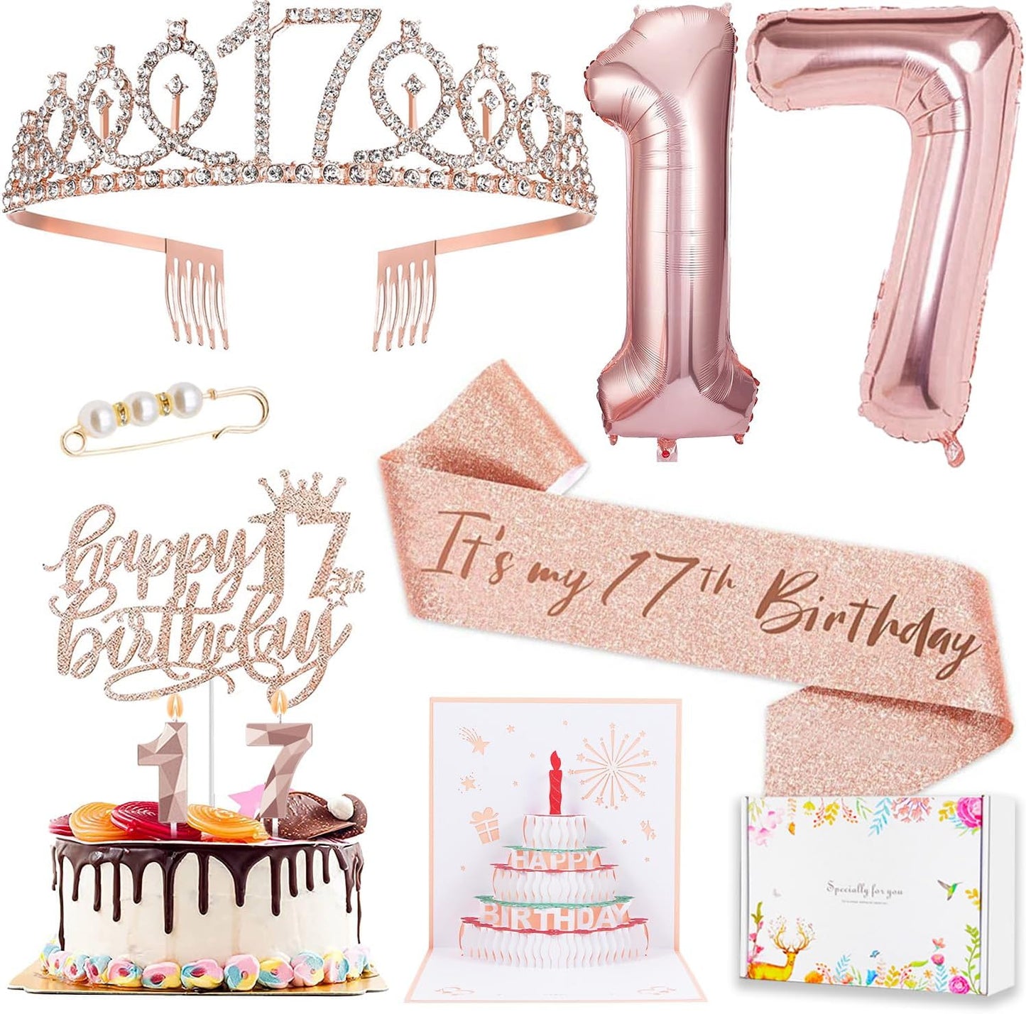 8pcs 40th Birthday Decorations gifts for Women, Including 40th Happy Birthday Cake Topper, Queen Sash with Pearl Pin, Sweet Rhinestone Tiara Crown for Women, Number Candles and Balloons (Rose Gold)