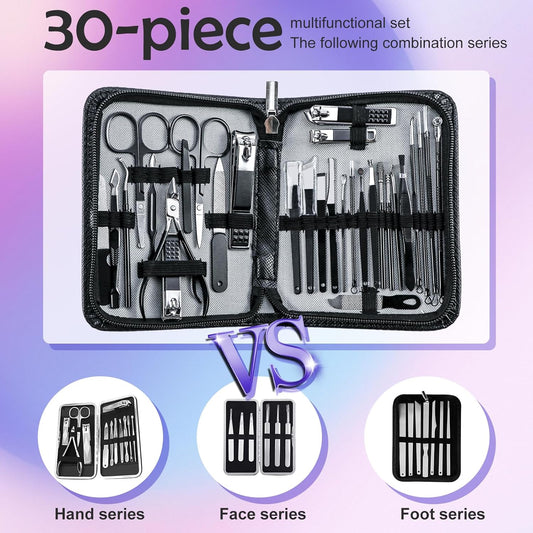 Manicure Set,30 in 1 Mens Set Professional,Nail Clipper for Men,Mens Nail Grooming Kit,Andrea Kit Women,Nail Care Women,with Luxury Leather Bag (Black) - PuriLite