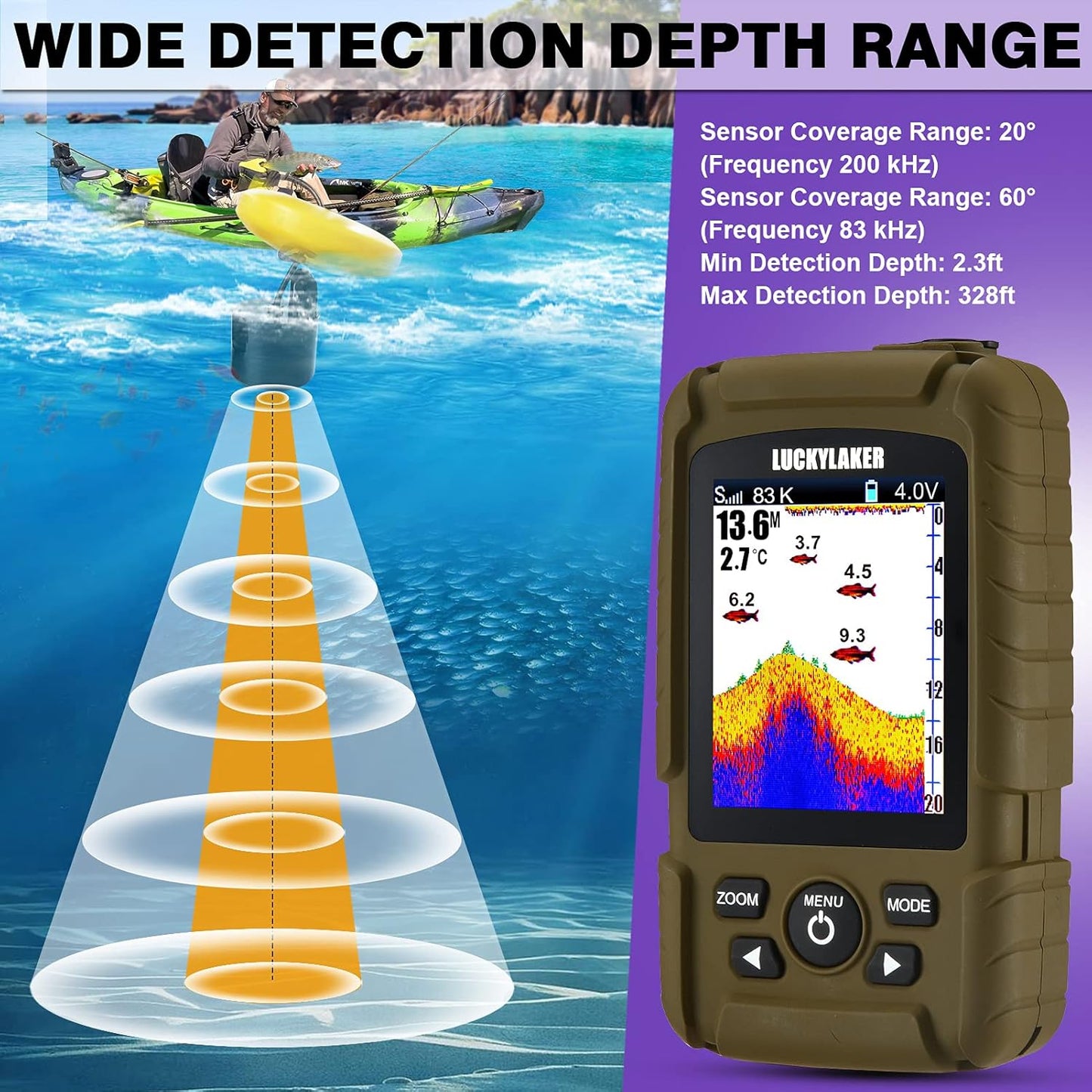 LUCKYLAKER Wired Sensor Fish Finder Boat Waterproof Portable Depth Finder Display Transducer Kayak Fish Finders Sonar Fishing Gear