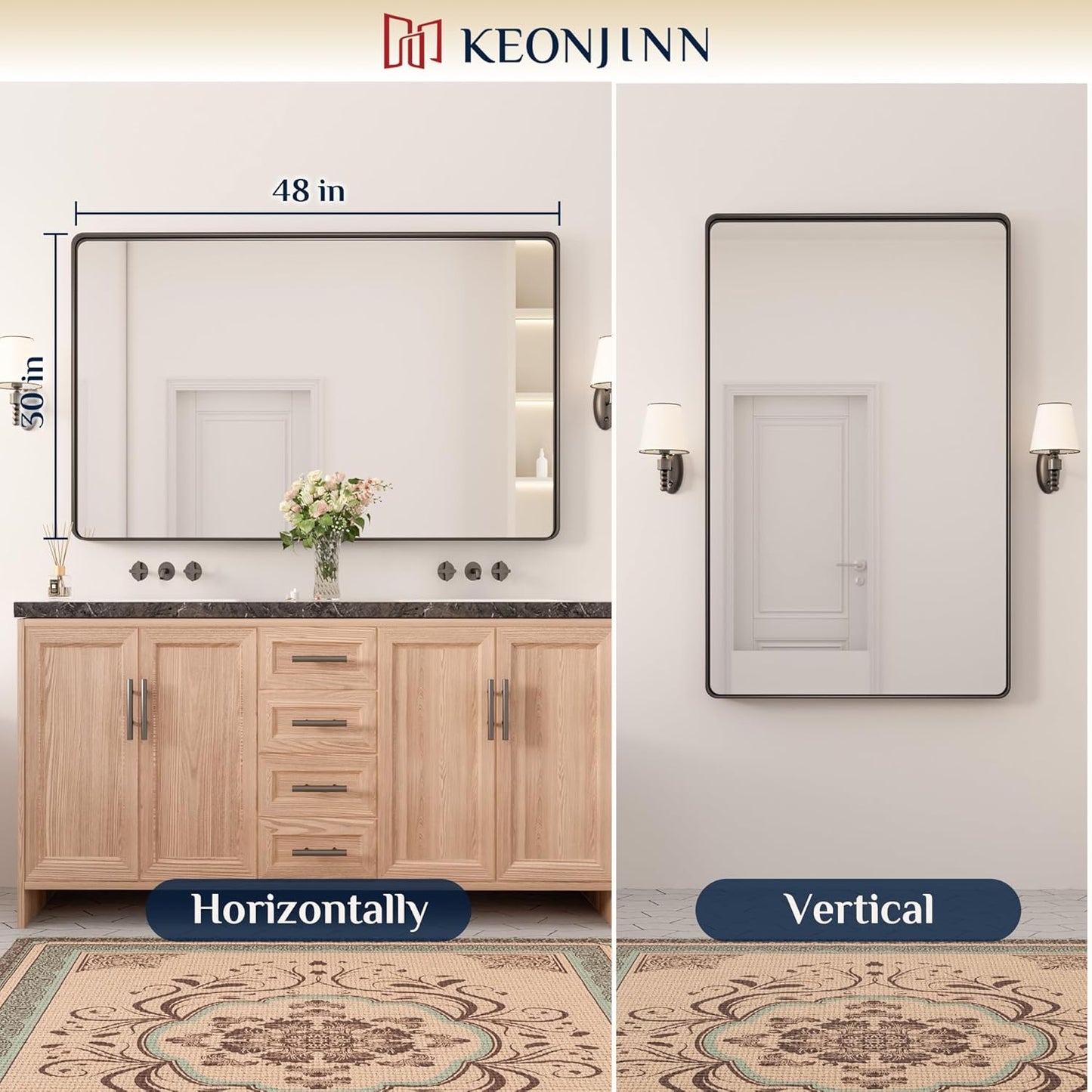Keonjinn 42 x 36 Brushed Nickel Bathroom Vanity Mirror, Large Rounded Rectangle Bathroom Mirrors for over Sink, Metal Framed Silver Mirror for Wall, Shatterproof HD Tempered Glass(Horizontal/Vertical)