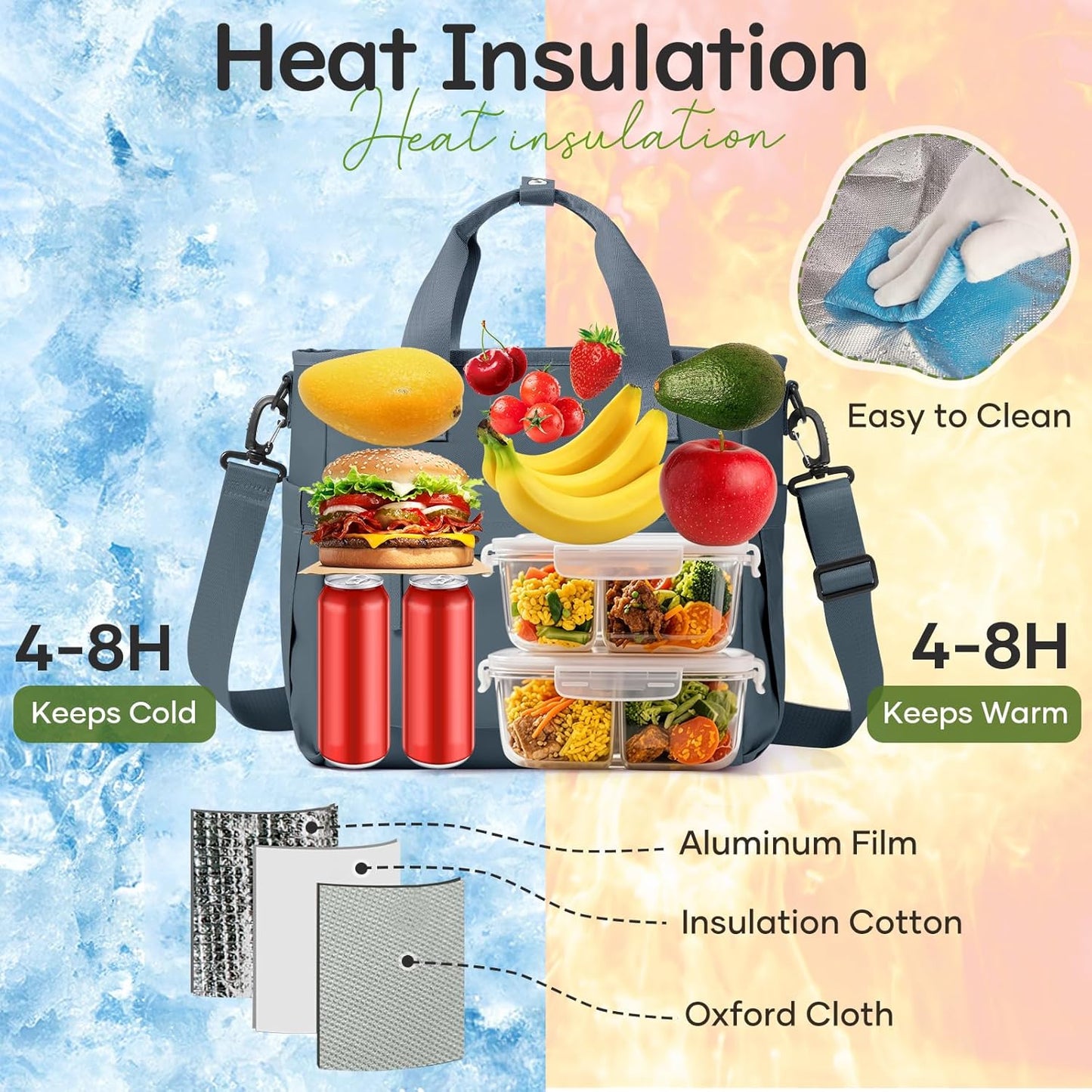 Lunch Bag Insulated Lunch Box Leakproof Lunch Tote Bags for Women Men,Portable Thermal Cooler Bag Lunch Containers with Shoulder Strap for Work, Family, Picnic, School, Outdoor,BBQ C2-Pinkpurple