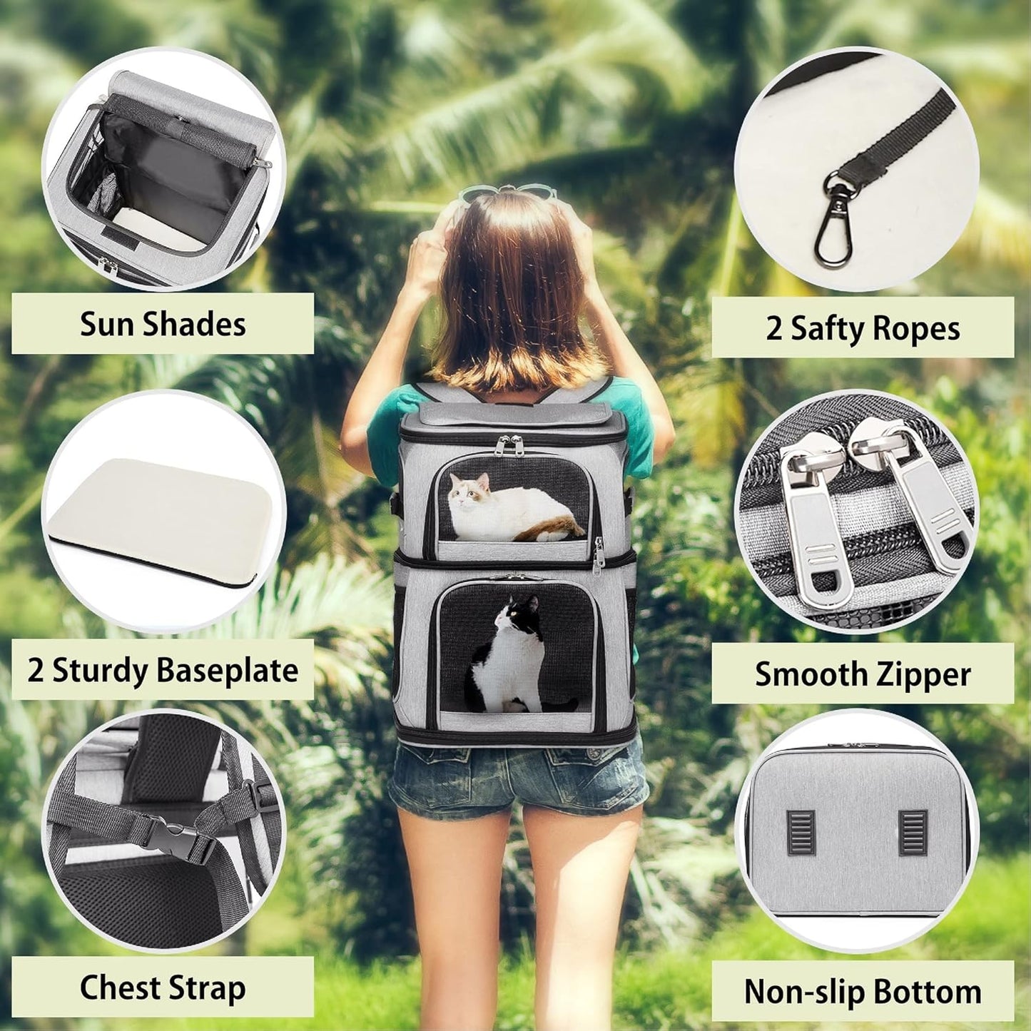 Pet Backpack Carrier Double-Compartment, Portable Pet Cat Carrier Travel for 2 Small Cats or Dogs, Breathable Large Size Cat Carrier Backpack, Perfect for Travel/Hiking/Camping/Walking Outdoor, Grey
