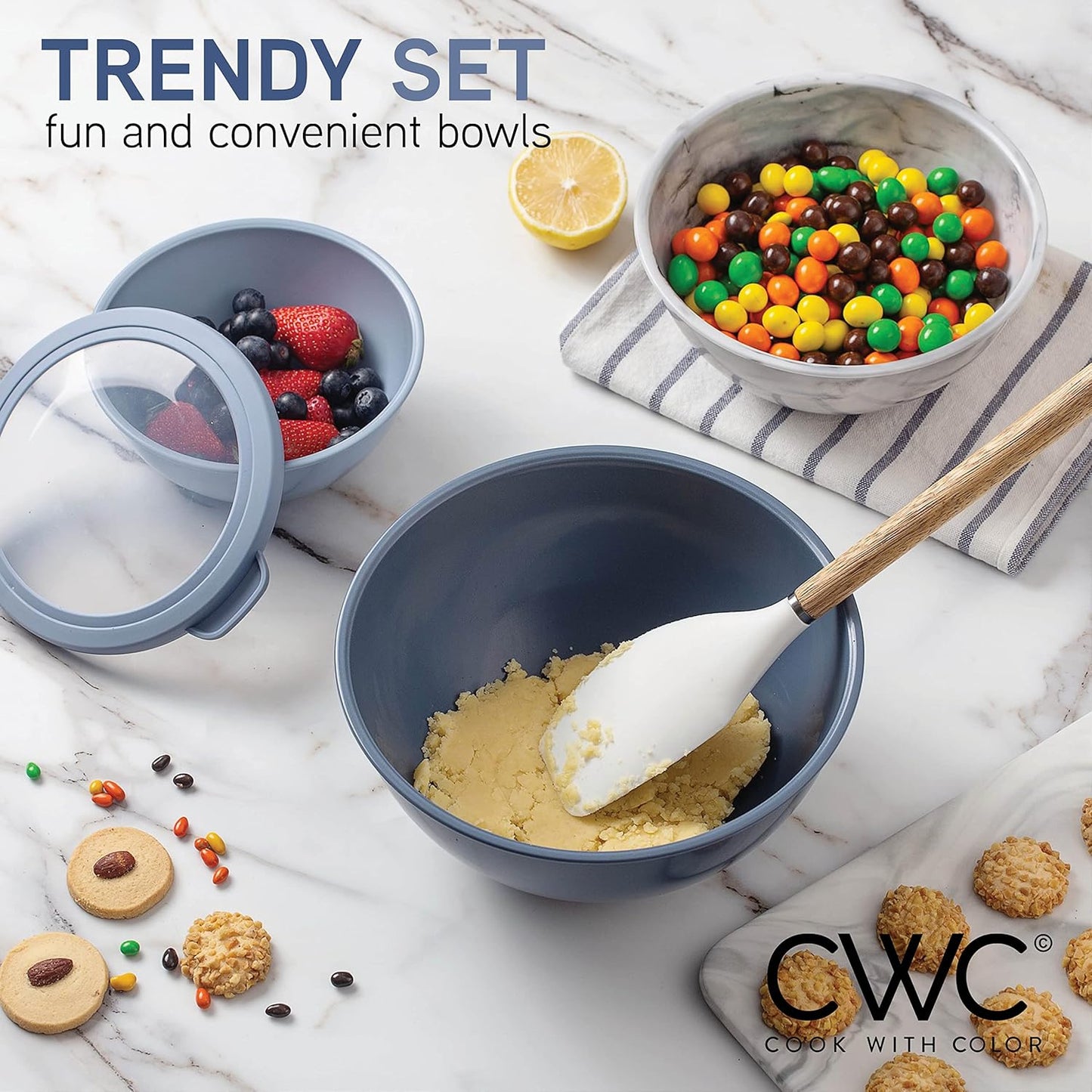 COOK WITH COLOR Mixing Bowls with TPR Lids - 12 Piece Plastic Nesting Bowls Set Includes 6 Prep Bowls and 6 Lids, Microwave Safe Mixing Bowl Set (Green)