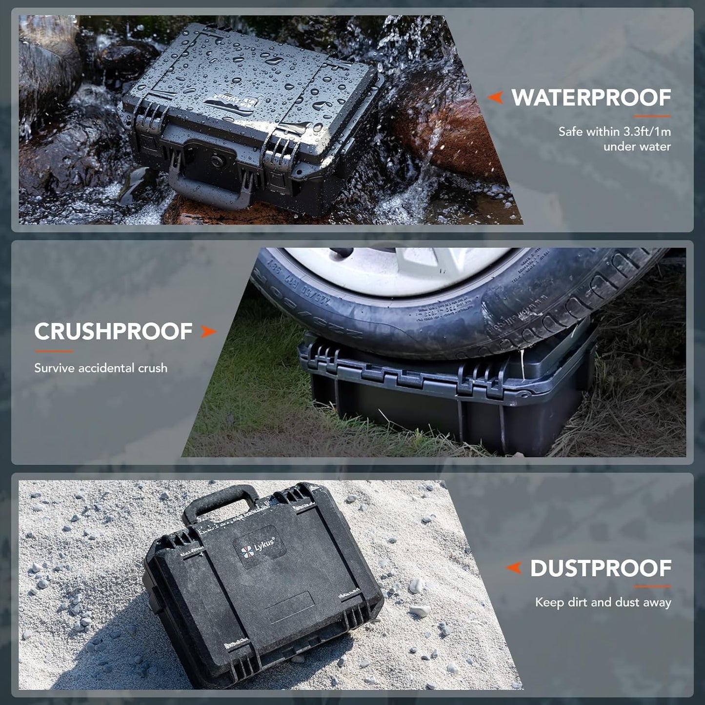 Lykus HC-3810 Waterproof Hard Case with Customizable Foam Insert, Interior Size 38x28x13.5cm, Suitable for Camera, Lens, Drone, mic, Flashlight, Telescope, Action cam, Electronics, Tools, and More