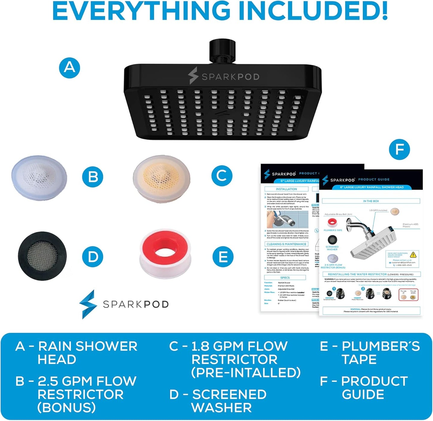 SparkPod Shower Head - High Pressure Rain - Premium Quality Luxury Design - 1-Min Install - Easy Clean Adjustable Replacement for Your Bathroom Shower Heads (Luxury Polished Chrome, 6 Inch Round)