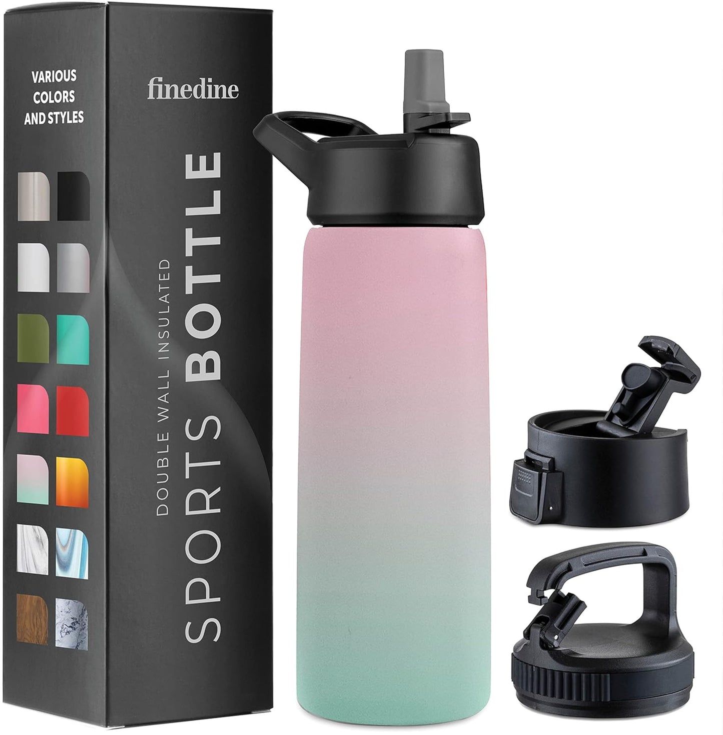 FineDine Water Bottle - Stainless Steel Insulated Water Bottle with Straw Lid, Flip Lid & Wide-Mouth Cap - Keeps Hot and Cold - 25 Oz / 739ml - Pure Pearly White
