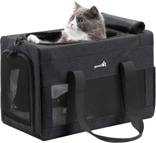 Pecute Cat Carrier Airline Approved, Thickened 5mm Steel Wire Frame, Stable Dog Carrier for Small Dogs, Breathable Foldable Pet Carrier with Sunshade, Suitable for Pets up to 5kg/11lbs (Dark Gray)