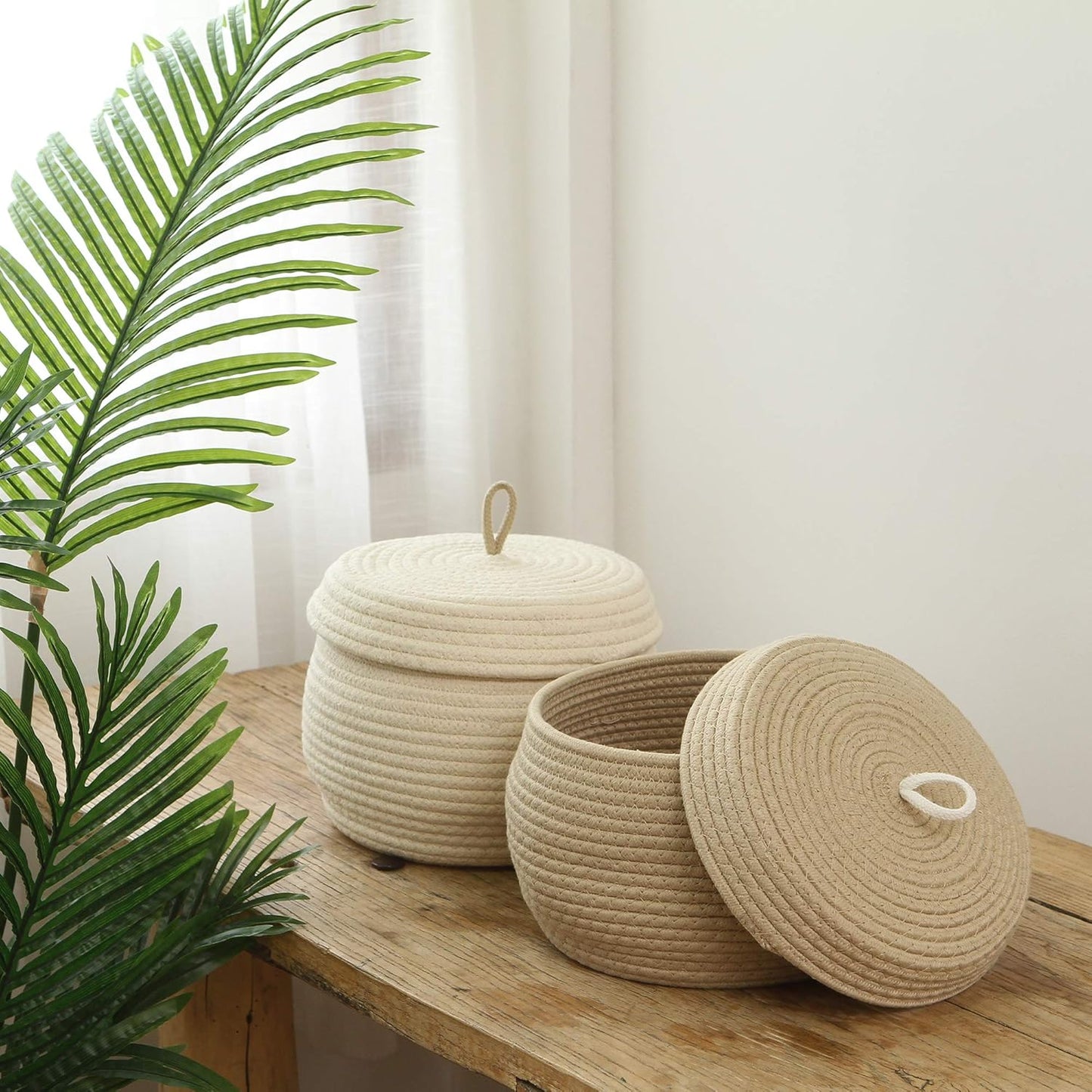 Sea Team Round Cotton Rope Storage Basket with Lid, Decorative Woven Storage Bin, Pot, Caddy, Organizer, Container for Snacks, Towels, Plants (Grey, Small)