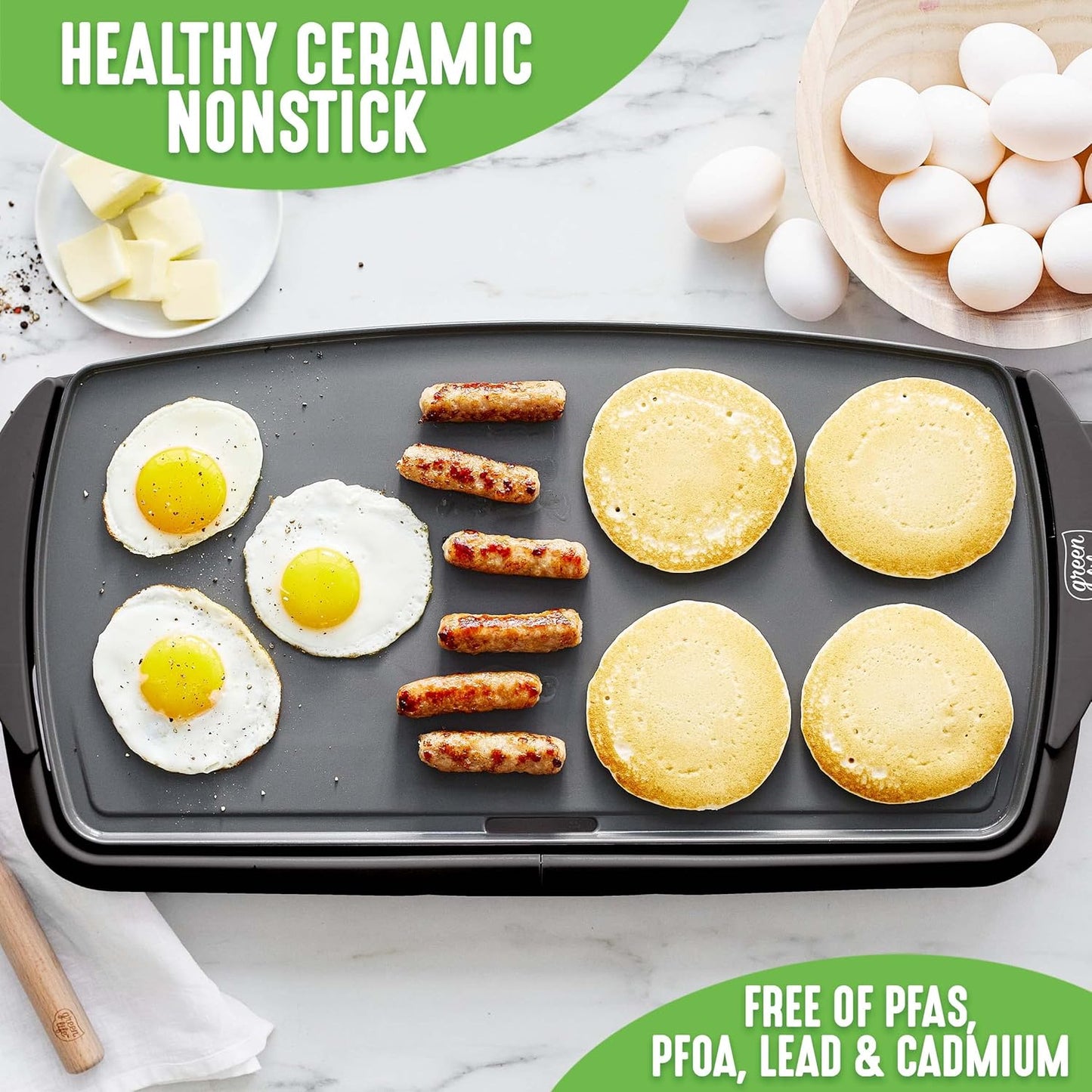 GreenLife Healthy Ceramic Nonstick, Extra Large 20" Electric Griddle for Pancakes Eggs Burgers and More, Stay Cool Handles, Removable Drip Tray, Adjustable Temperature Control, PFAS-Free, Soft Pink