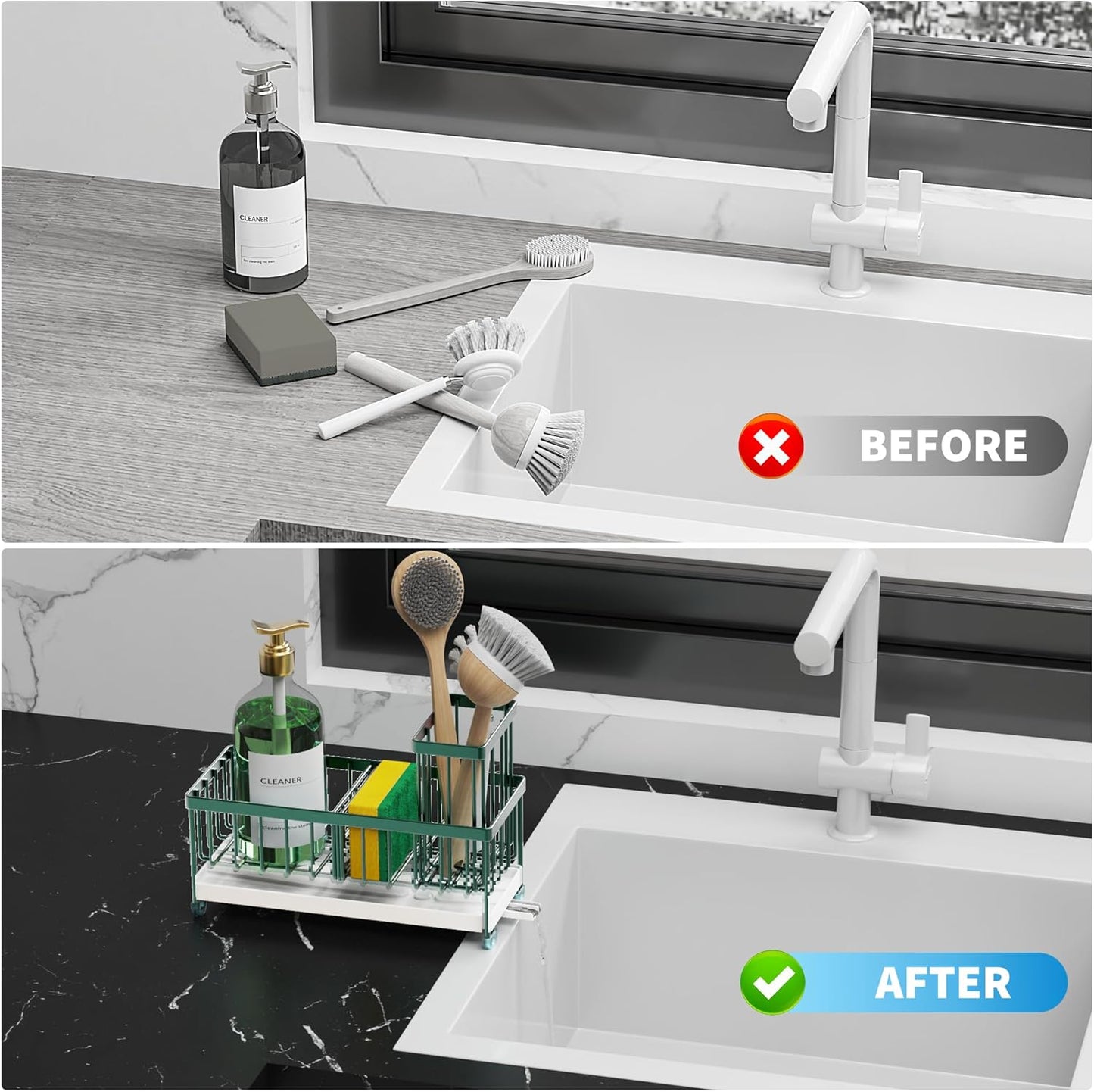 Cisily Sponge Holder for Kitchen Sink, Sink Caddy with High Brush Holder, Organzier Rustproof 304 Stainless Steel Dish Organizer Divider, Soap Dispenser Storage (Black)