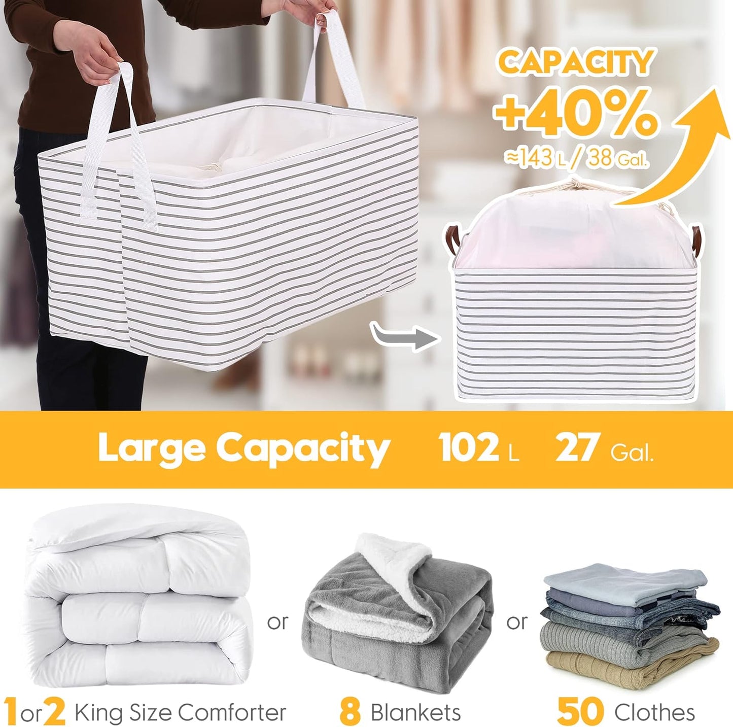 Hinwo 6-Pack Small Canvas Fabric Storage Baskets Set with Handles, Open Storage Bins, Cube Storage Organizer, Shelf Organizer Bins for Closet, 7.9L, 12 x 8 x 5 Inches, Grey Stripe