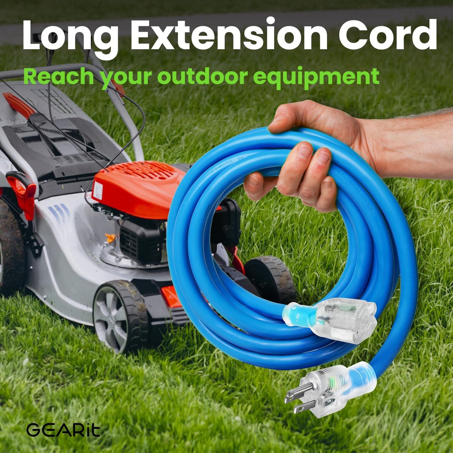 GEARit Outdoor 14 AWG Gauge 3 Prong Plug, Extension Cord, Ultra Heavy Duty SJEOW, 14/3, for Indoor/Outdoor, LED Lighted Plug, Resistant Rubber Jacket, Extreme Weather, 100 Feet, Blue
