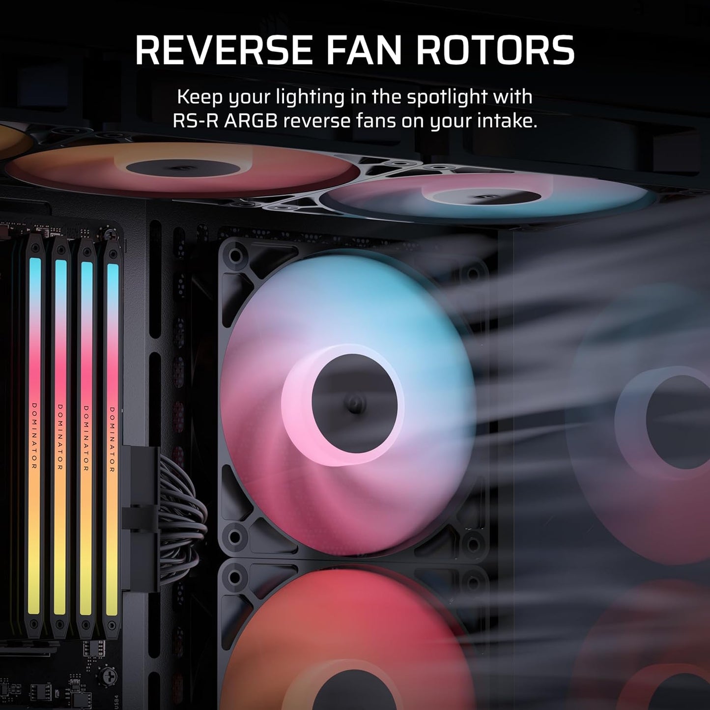 Corsair RS120-R ARGB 120mm PWM ARGB Reverse Fans – Reverse Rotor, +5V ARGB Connections, Eight RGB LEDs, High Static Pressure, Daisy-Chain, Magnetic Dome Bearing, Zero RPM Mode – Triple Pack – Black