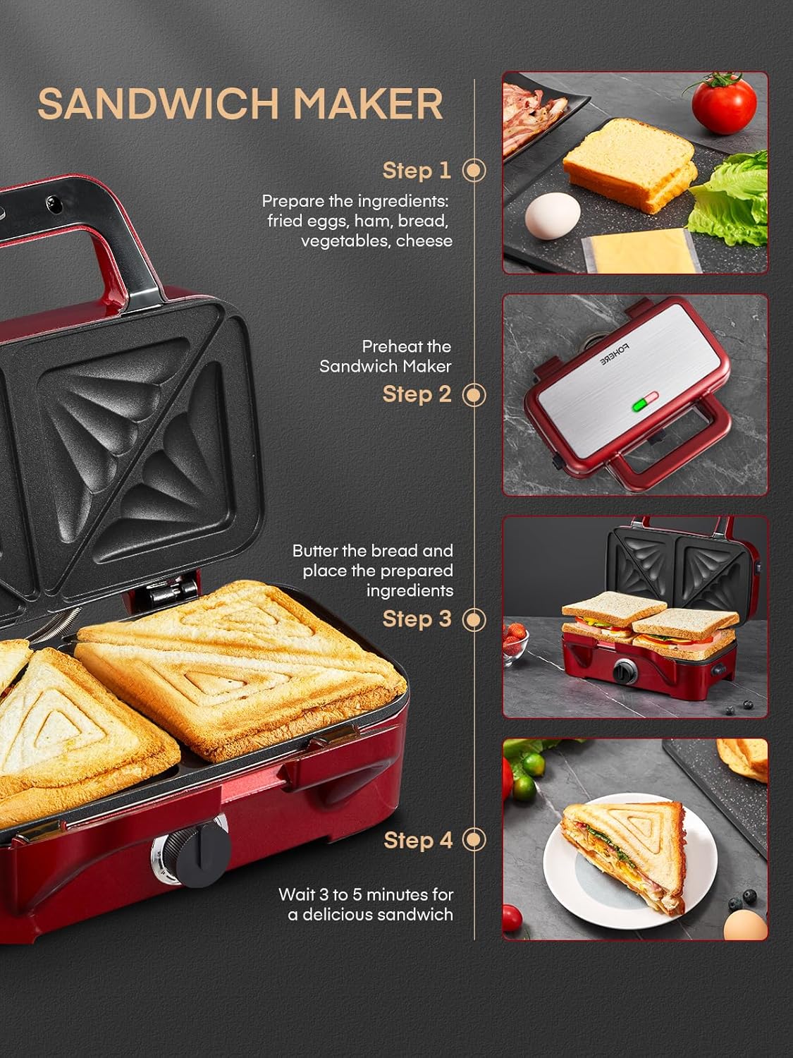 FOHERE 3-in-1 Waffle Maker, Sandwich Maker, Panini Press with Removable Plates, 5-Gear Temperature, LED Indicator Lights, Portable Handle, 1200W Belgian Electric Grill Cheese Machine