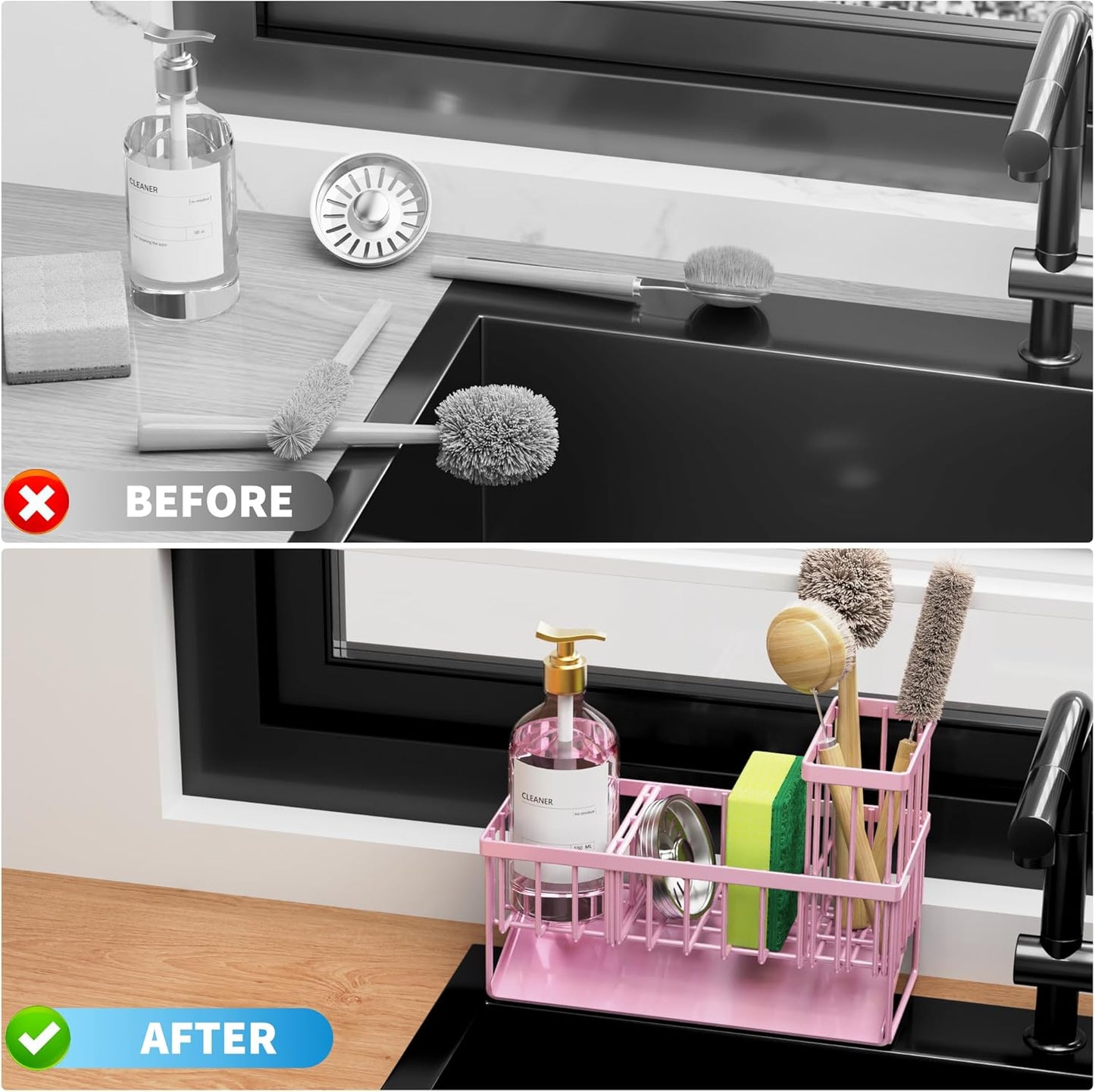 Cisily Kitchen Sink Caddy Organzier with High Brush Holder, Sponge Holder for Sink, 304 Rustproof Stainless, Kitchen Countertop Soap Dispenser Organizer, Kitchen Decor and Accessories (Black)