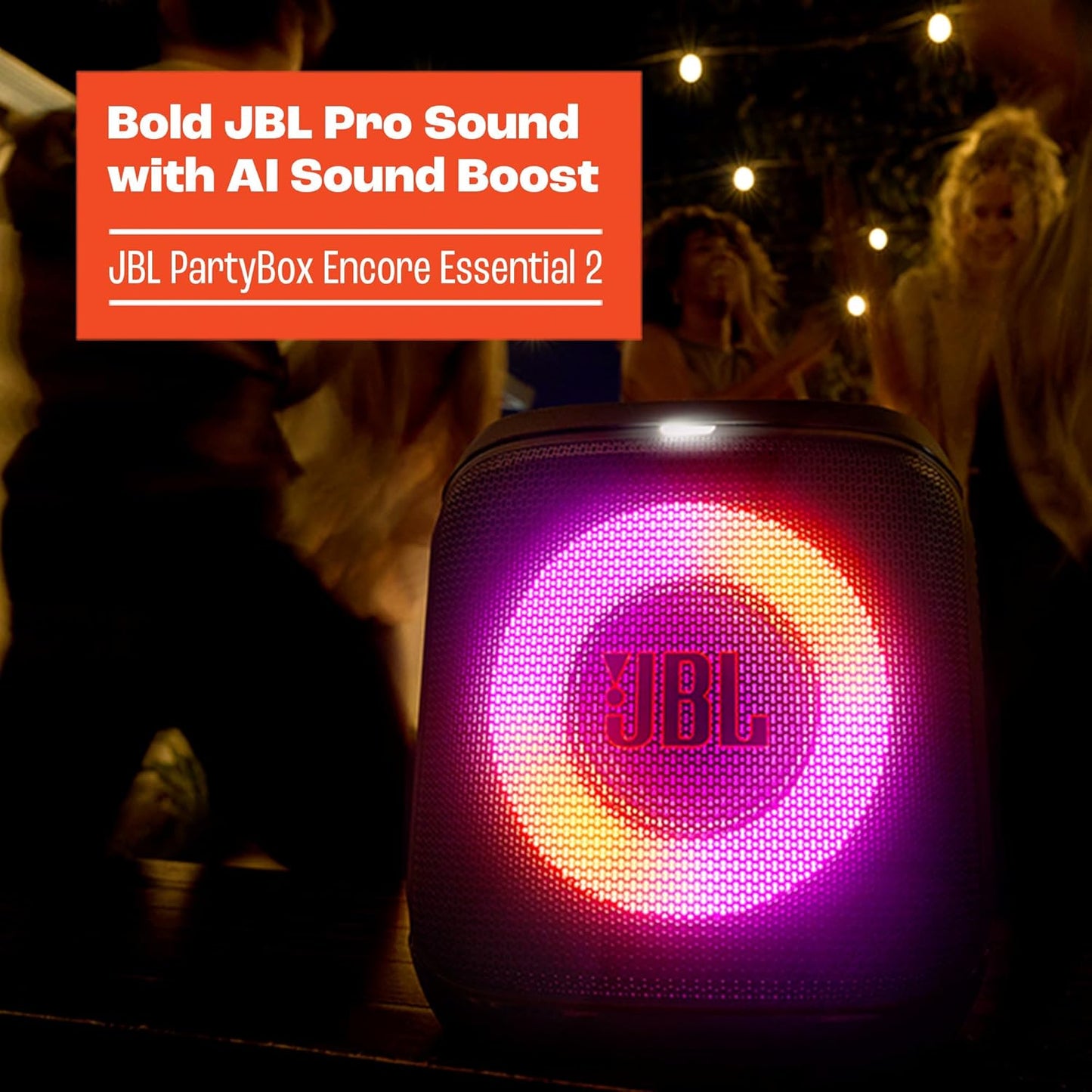 JBL PartyBox Encore Essential 2 - Portable Battery-Powered Party Speaker with AI Sound Boost, Up to 15 Hours of Play time, IPX4 Splash Proof, and Multi-Speaker Connection by Auracast (Black)