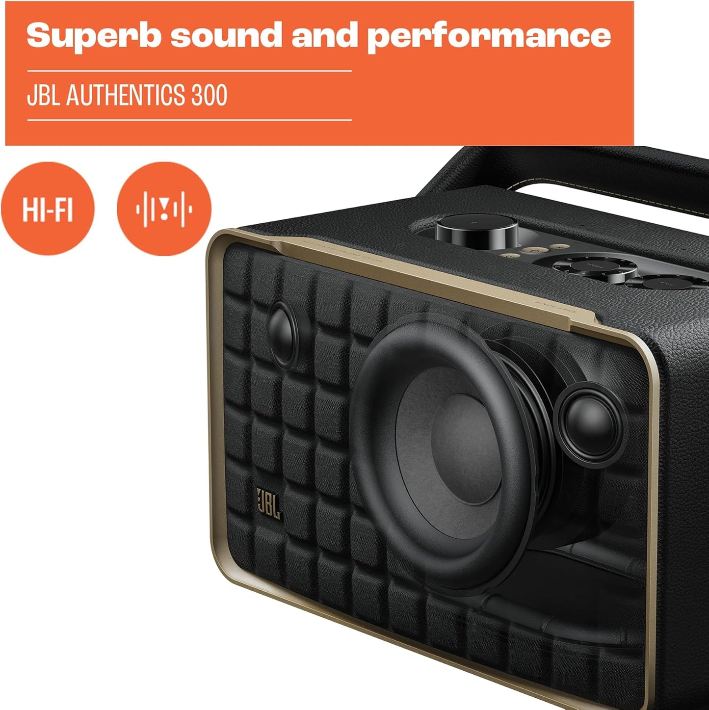 JBL Authentics 300 - Wireless Home Speaker, Music Streaming Services via Built-in Wi-Fi, Built in Battery, Built in Alexa and Google Assistant