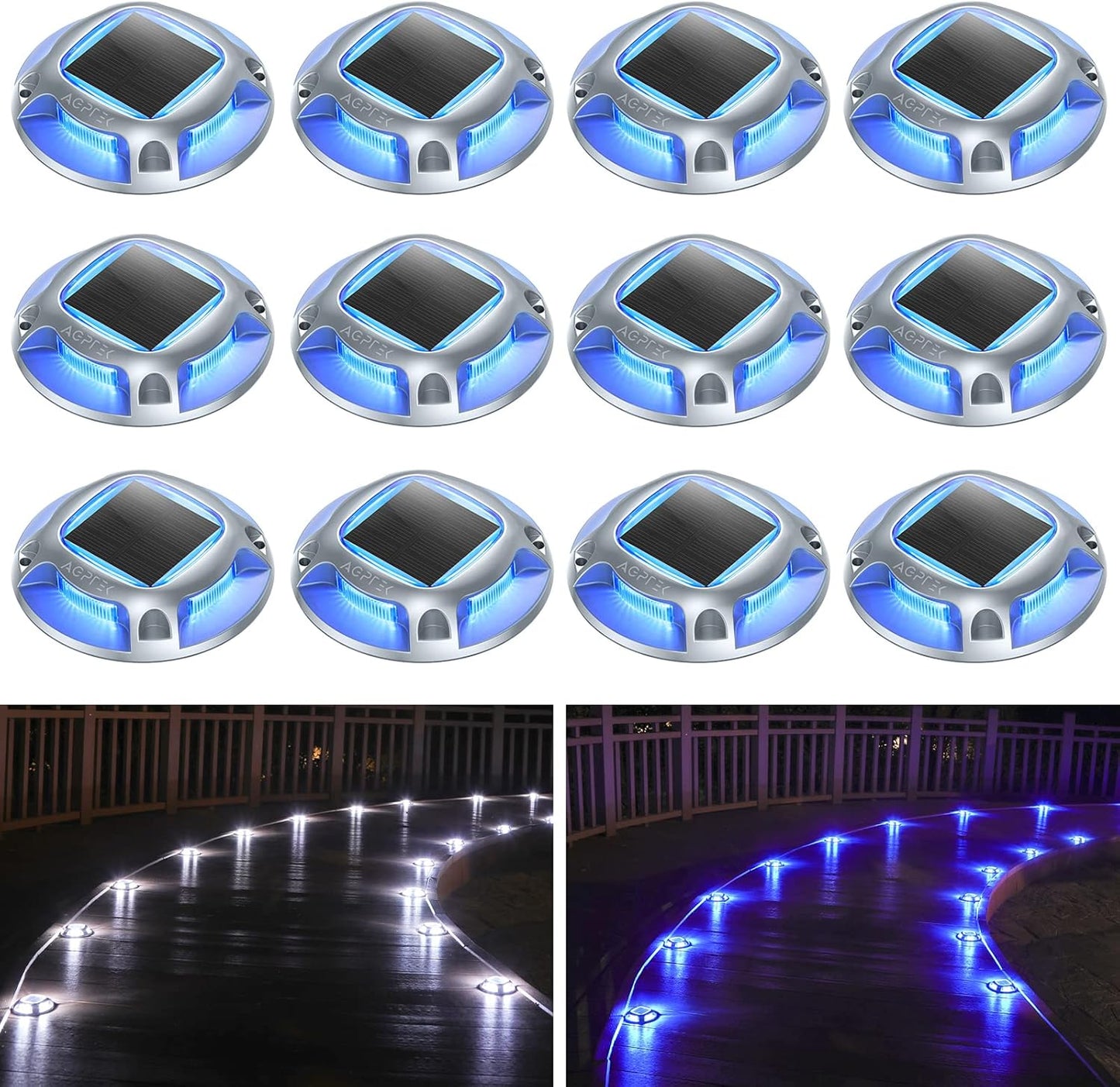 Solar Deck Lights Outdoor 12 Pack, AGPTEK Solar Deck Lights 2 Color Modes Dock Marine Waterproof Warning Step Lights for Sidewalk Stair Driveway Garden Pathway Walkway Yard, Blue Light & Cool White