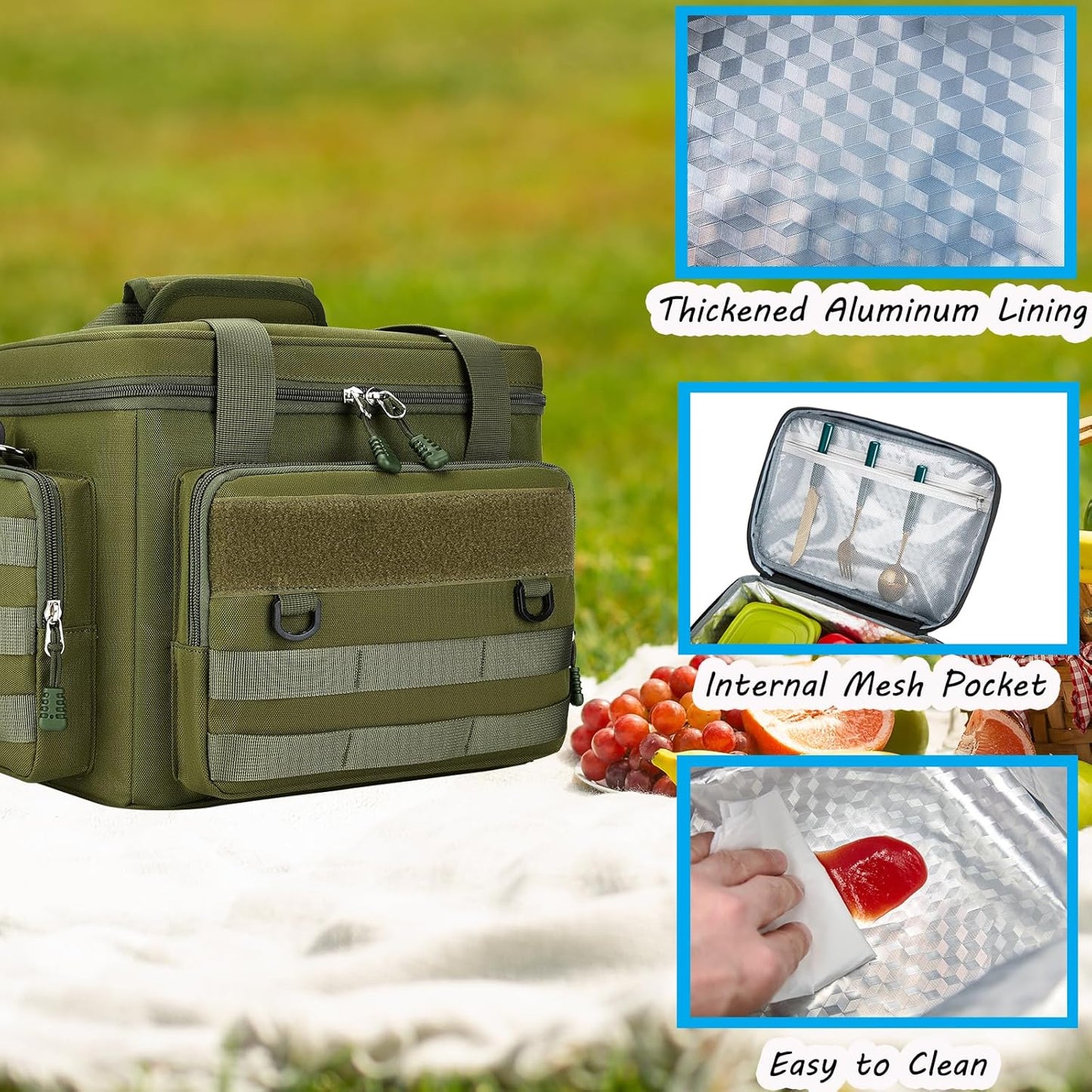 Tactical Lunch Bag for Men, Large Leakproof Insulated Lunch Box, Lunch Cooler Bag with Shoulder Strap, Lunch Pail for Adults Work Outdoor Picnic Trips, Black Camo