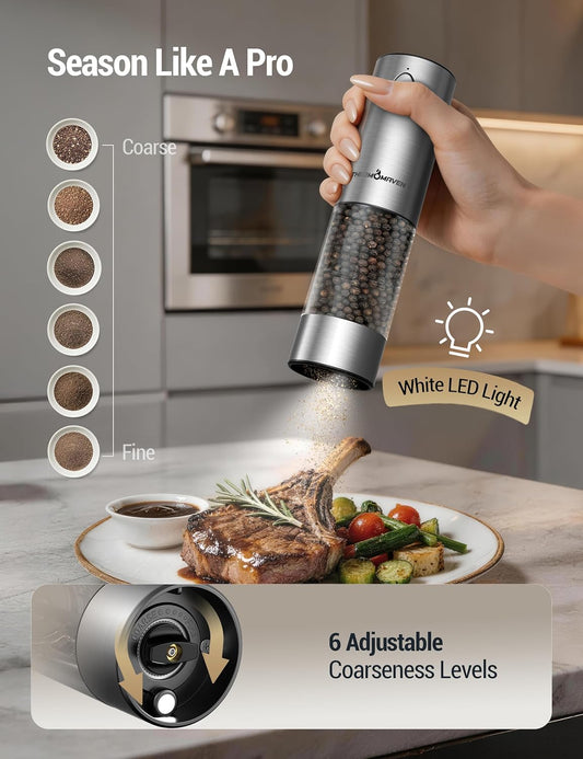 ThermoMaven Electric Salt and Pepper Grinder Set, 110ml Larger Rechargeable Automatic Salt and Pepper Mill Grinder with 6 Adjustable Coarseness, Electric Salt and Pepper Shakers, LED, 2 Packs, Silver