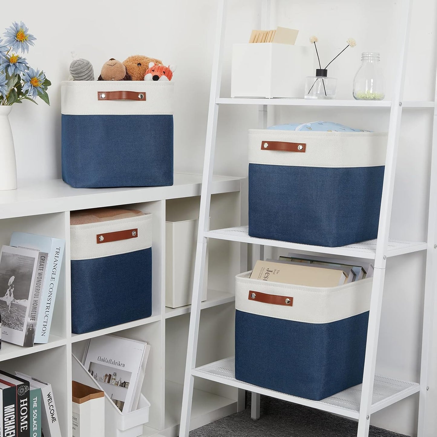 DULLEMELO Storage Baskets for Shelves, Fabric Collapsible Rectangular Storage Bins for Shelves, Closets, Nursery, Home, Office, Empty Gift Baskets (White&Teal)