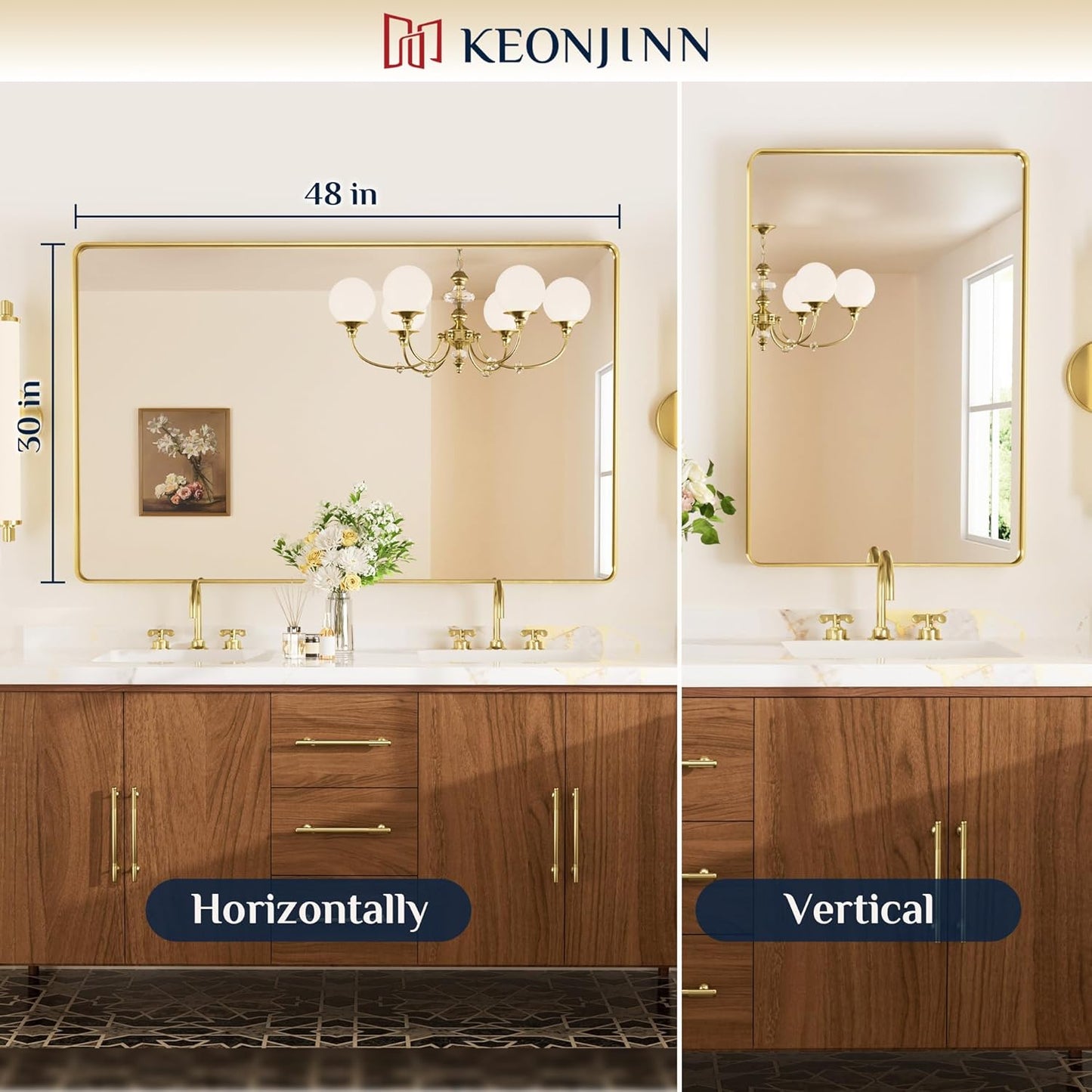 Keonjinn 42 x 36 Brushed Nickel Bathroom Vanity Mirror, Large Rounded Rectangle Bathroom Mirrors for over Sink, Metal Framed Silver Mirror for Wall, Shatterproof HD Tempered Glass(Horizontal/Vertical)