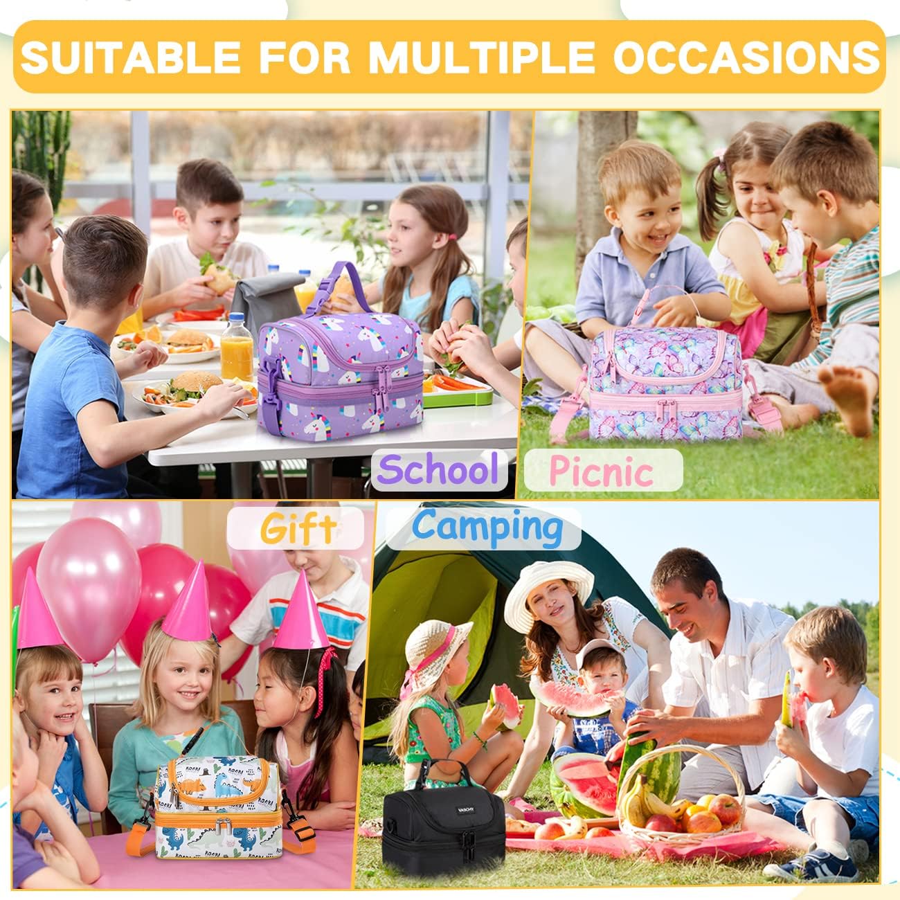VASCHY Lunch Box Bag Men, Insulated Two Compartments Bento Cooler Bags for Adults/Women/Kids for School,Daycare,Kindergarten,Picnic Black