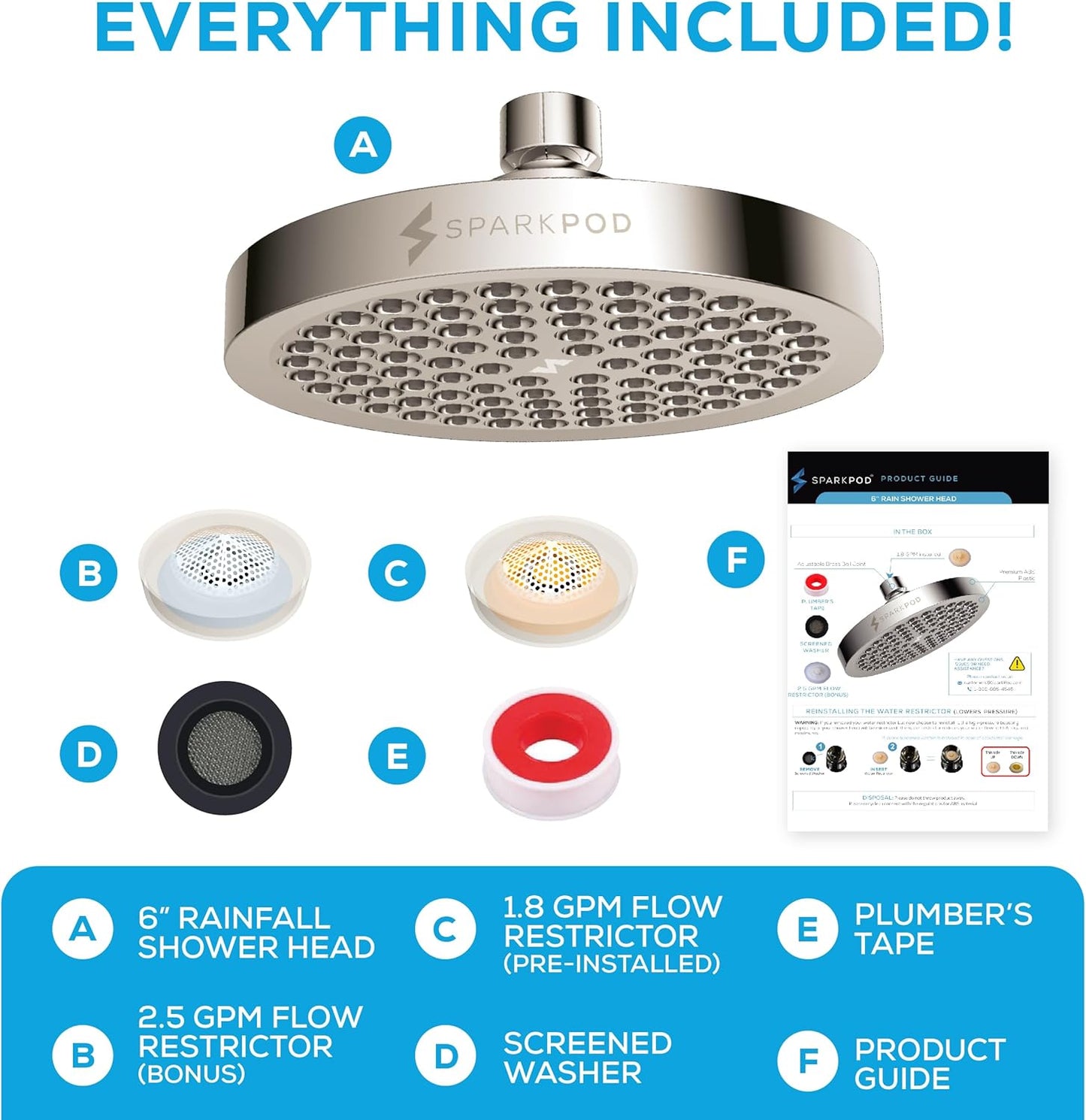 SparkPod Shower Head - High Pressure Rain - Premium Quality Luxury Design - 1-Min Install - Easy Clean Adjustable Replacement for Your Bathroom Shower Heads (Luxury Polished Chrome, 6 Inch Round)