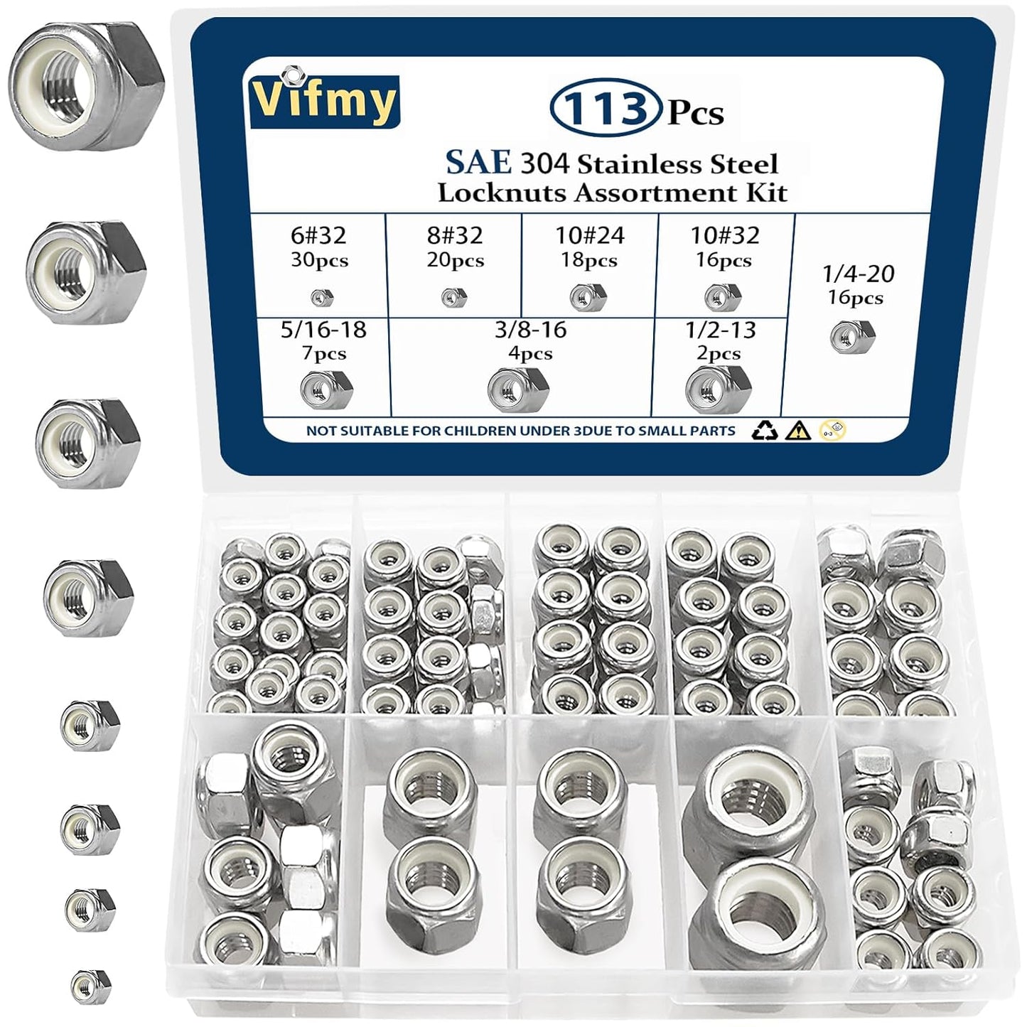 Vifmy 110 Pack 1/4"-20 Inch Lock Nuts,304 (A2-70) Stainless Steel Nylon Insert Locknuts,Standard Inch Thread Nylock Nuts for Bolts