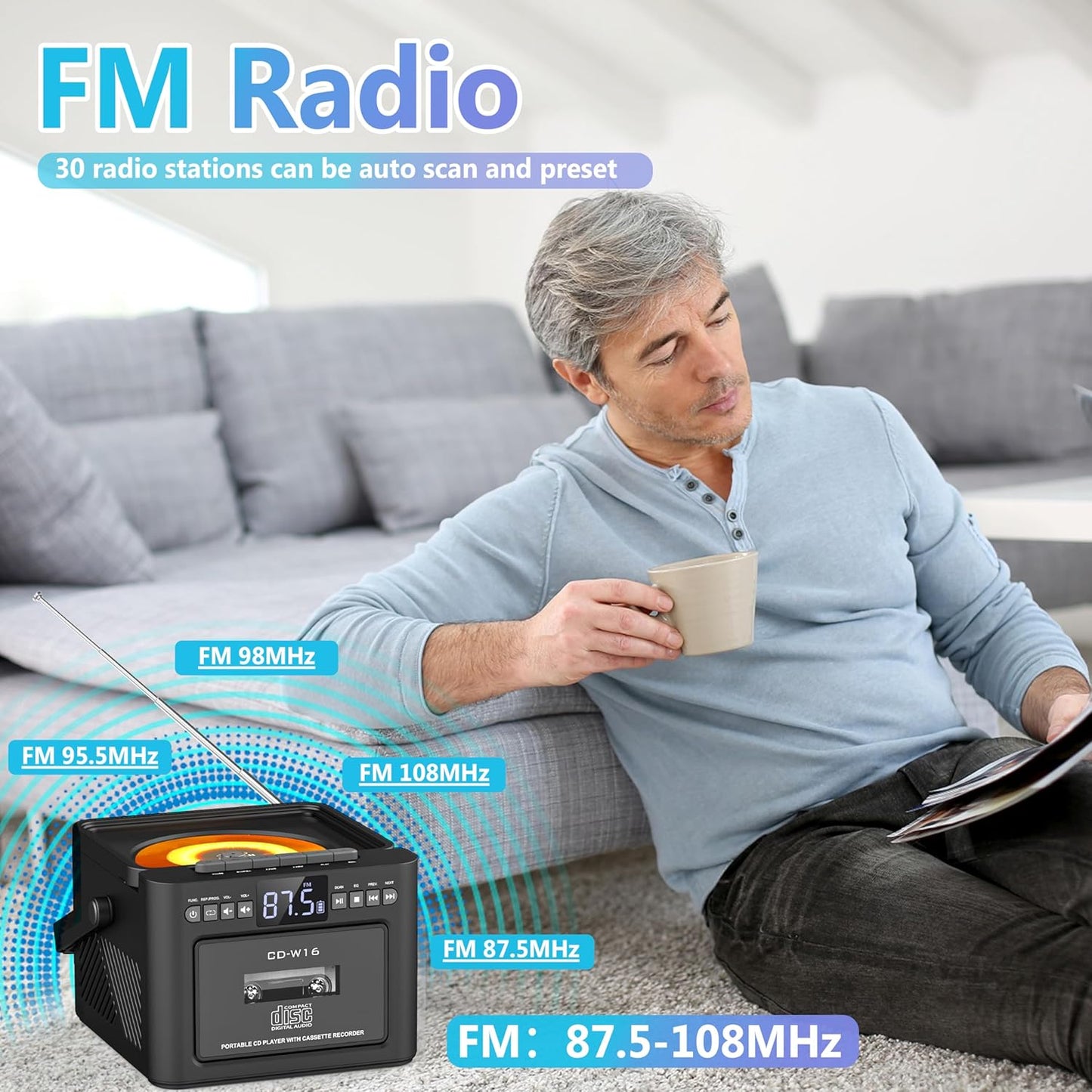 Greadio CD Player Portable, Boombox with CD Cassette Player, 5000mAh Rechargeable Battery Boom Box with Remote Control, Bluetooth 5.1, FM Radio, AUX/USB/SD Card-in, 5W Speaker, LED Screen, Black