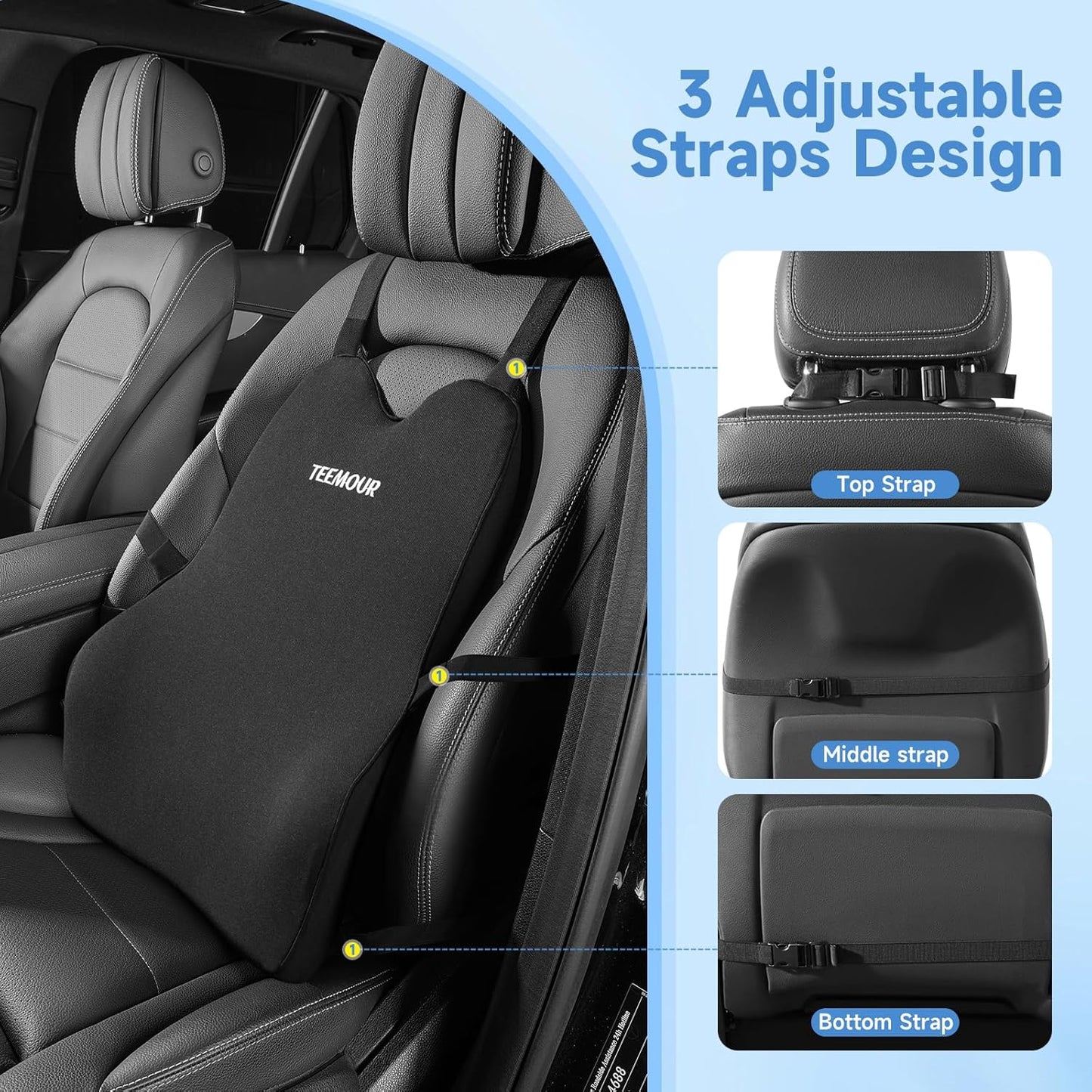 Lumbar Support Pillow for Office Chair Car Sitting Posture Back Support Memory Foam Back Cushion for Driving, Lumbar Comfort for Long Sitting, Truck with Three Adjustable Straps