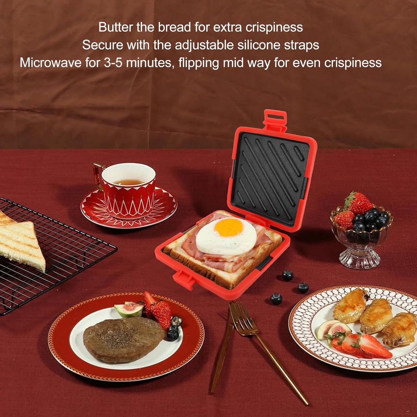 Microwave Toastie Maker, Grilled Cheese Sandwich Maker, Microwavable Toaster with Adjustable Silicone Straps No Electricity Cordless (Red)