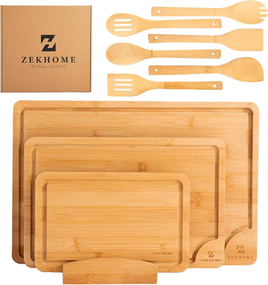 Bamboo Cutting Board Set – Wooden Cutting Board Set with Utensil and Stand – Chopping Board for Kitchen – Usable for Cheese, Meat, Chicken and Vegetables