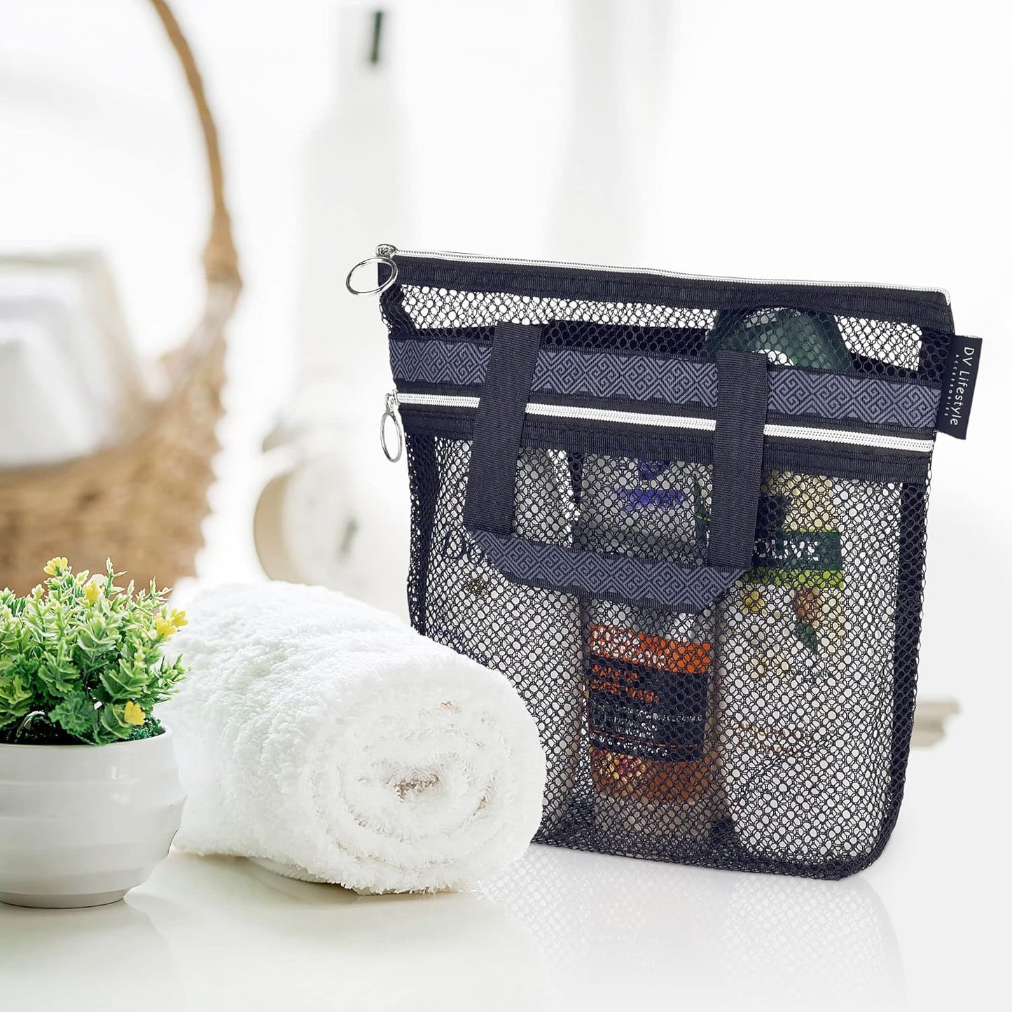 Mesh Shower Caddy Portable 10.2x9.9'' Shower Bag with Zipper & 2 Pockets. Shower Tote Ideal for Gym, Travel, Camp, Beach, for Sunscreen, Dorm & College Essentials (Black)
