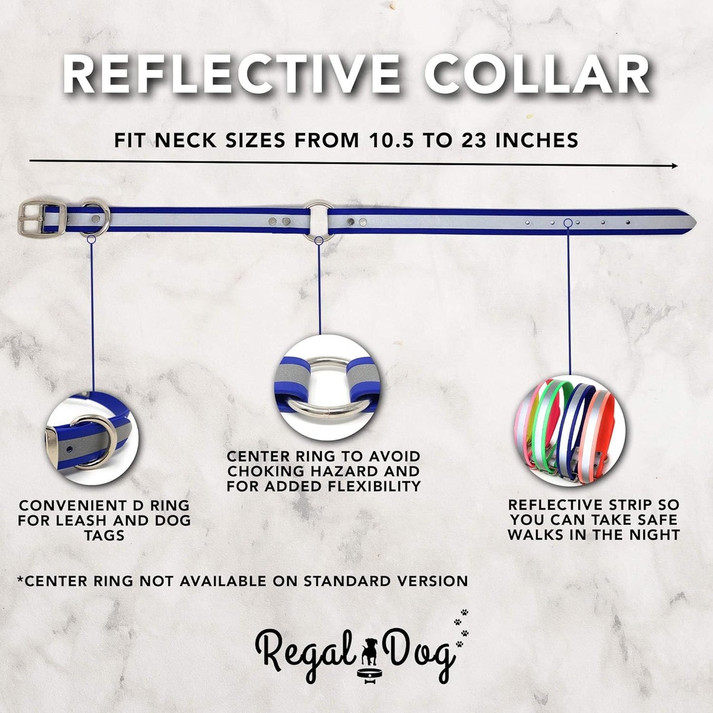 Regal Dog Products Large Pink Heavy Duty Reflective Dog Collar with Center Ring, Metal Buckle and D Ring | Anti-Odor Adjustable Biothane Waterproof Dog Collar | Other Sizes for Small & Medium Dogs