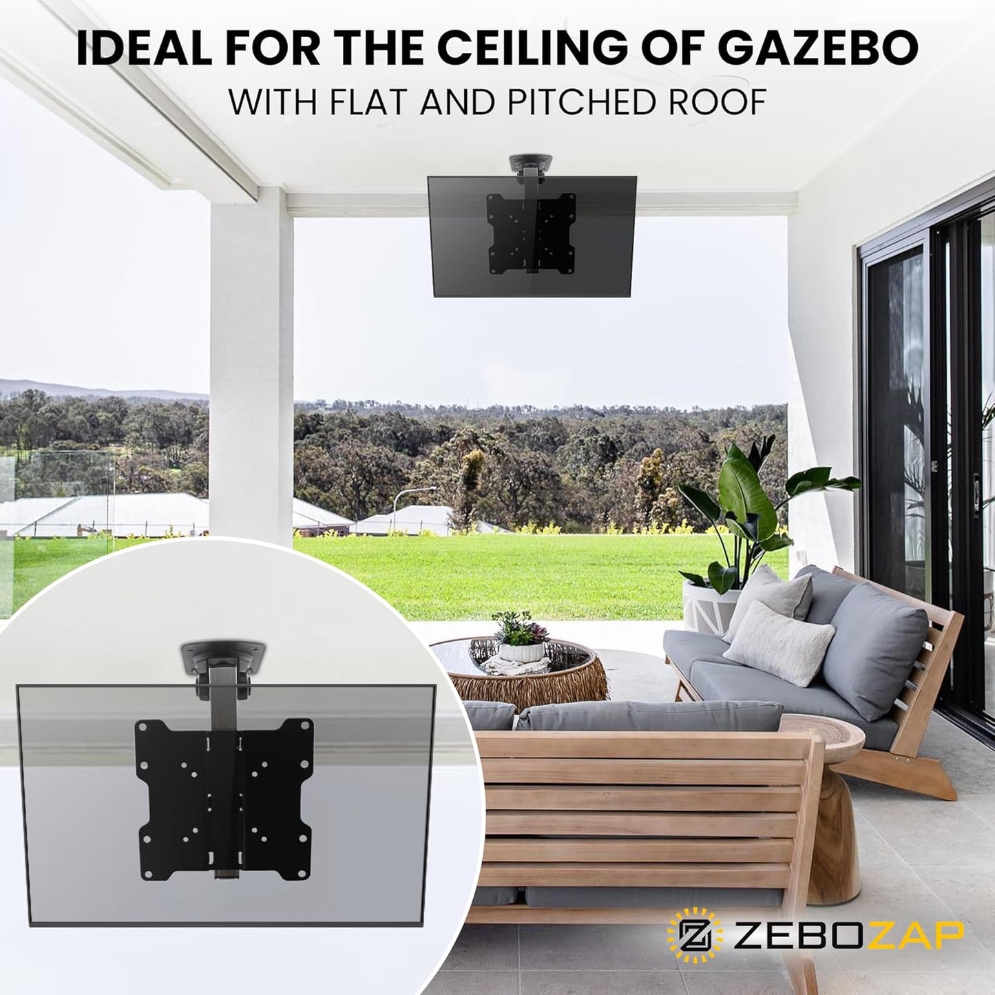 ZeboZap ZZTVC8022 Outdoor Flip Down Ceiling TV Mount | Gazebo TV Mount | Patio TV Mount | Pergola TV Mount | Pitched Roof | Height Adjustable | Under Cabinet| Holds 44lbs | Fits 17-in to 37-in | Black
