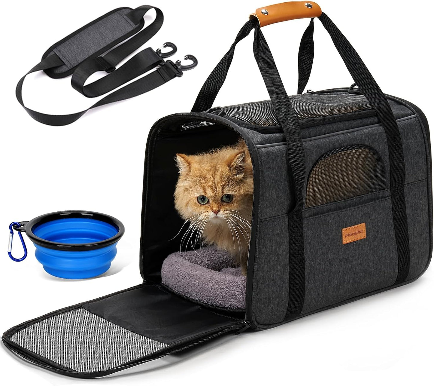 Morpilot Cat Carrier Soft - Portable Pet Carrier for Small or Medium Cats, Dogs and Puppy up to 14lbs, Airline Approved Dog Carrier with Safety Buckle - (Dark Gray)