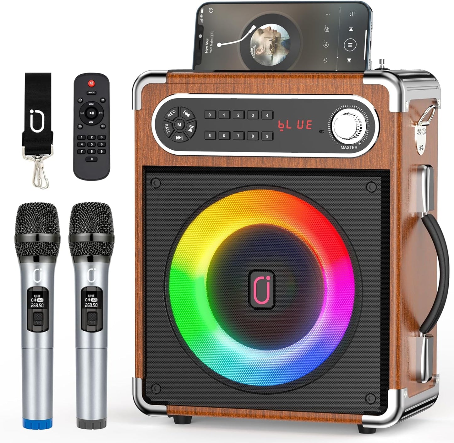 JYX Karaoke Machine with Two Wireless Microphones, Portable Bluetooth Speaker with Bass/Treble Adjustment, Remote Control and LED Lights, Supports TF Card/USB, AUX in, FM, REC for Party