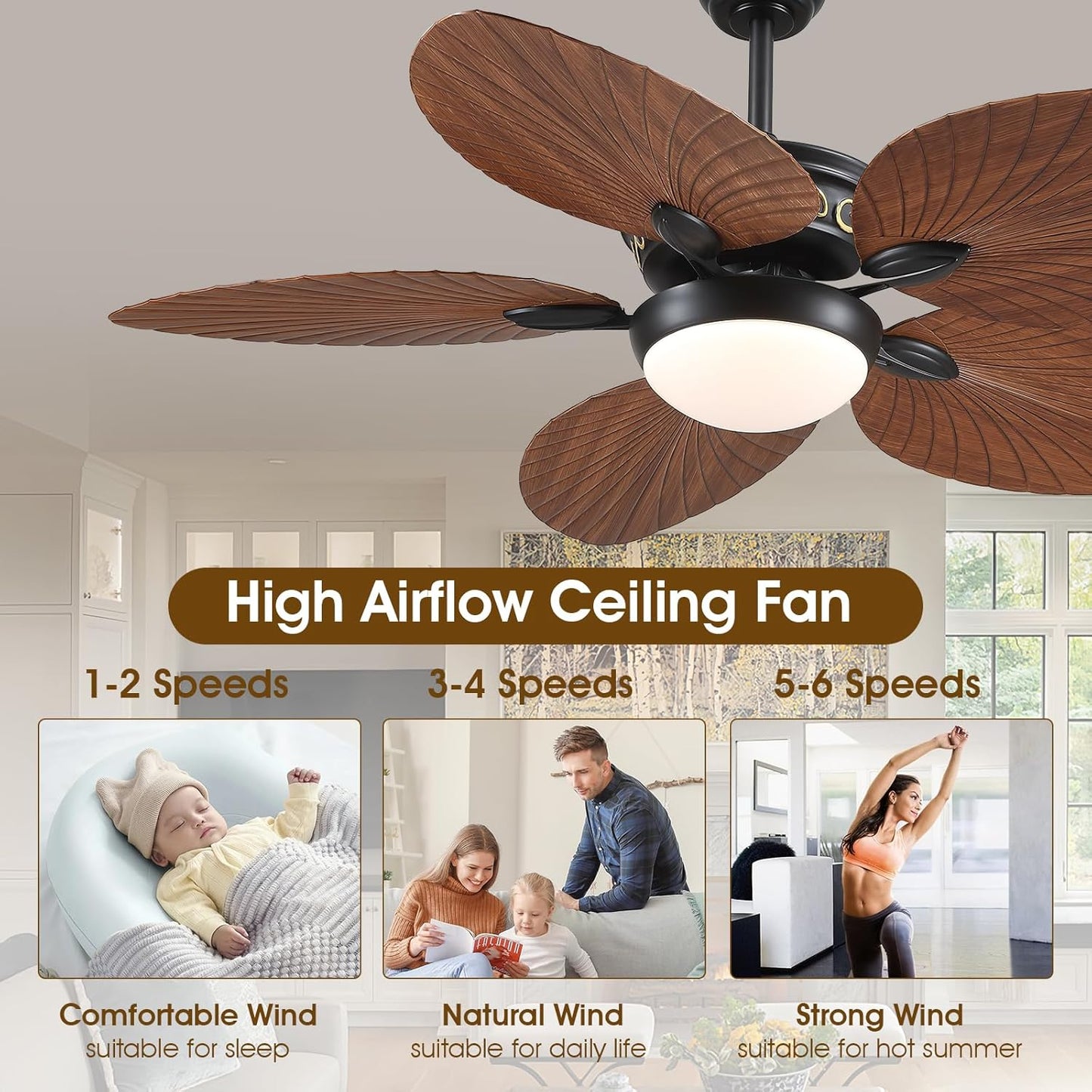 Wiviniya Ceiling Fans with Lights and Remote/APP Control, 44 Inch Tropical Palm Leaf Ceiling Fan with LED Lights, Outdoor Ceiling Fans for Patios Porch, Reversible Quiet Motor, Dimmable, Light Brown